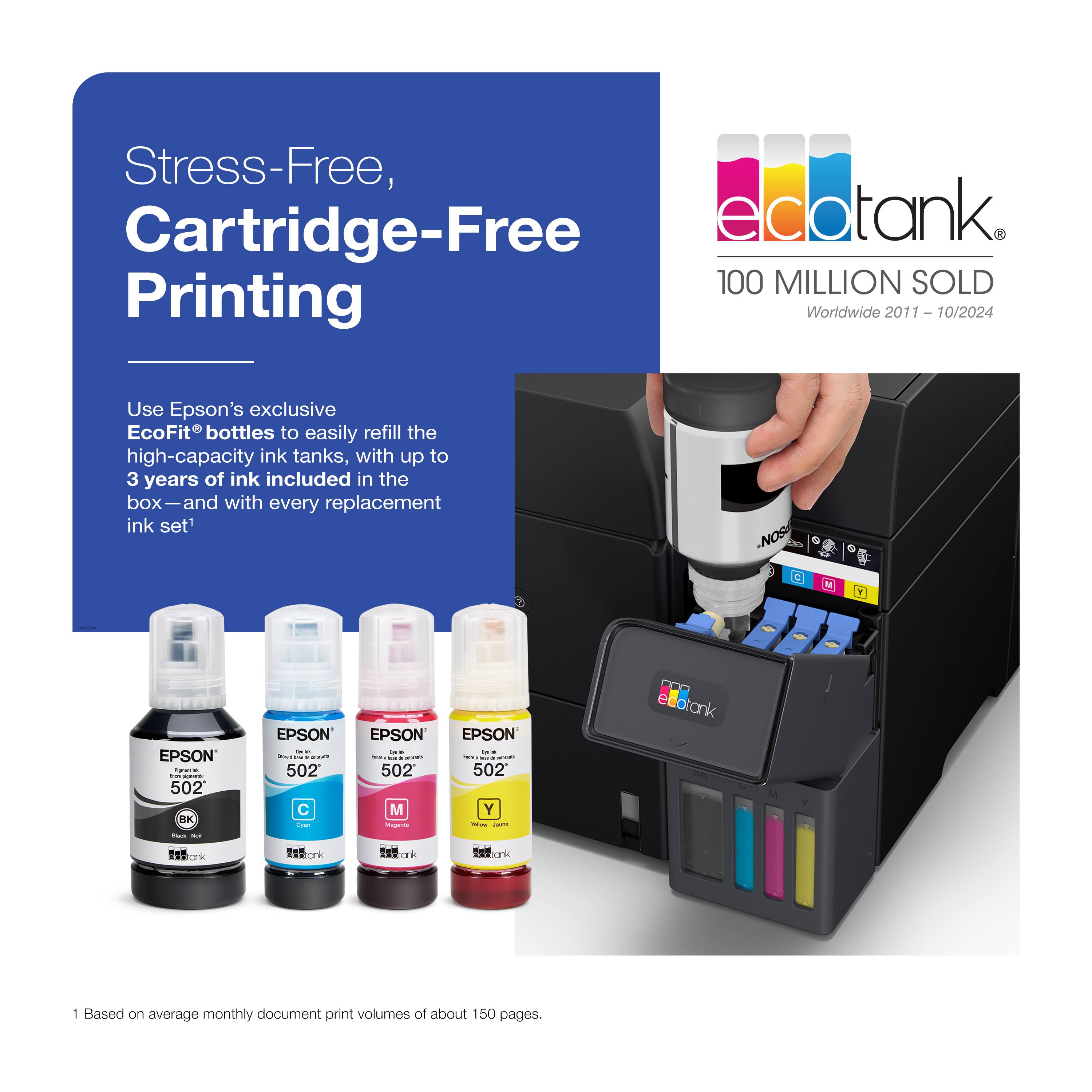 Stress-Free, Cartridge-Free edotank 100 MILLION SOLD Printing Worldwide 2011 - 10/2024

Use Epson's exclusive EcoFit bottles to easily refill the high-capacity ink tanks, with up to 3 years of ink included in the box-and with every replacement ink set.

EPSON - - : 502 K
EPSON - - : 502 C
EPSON - - : 502 M
EPSON - - : 502 Y

edotank L8

1 Based on average monthly document print volumes of about 150 pages.