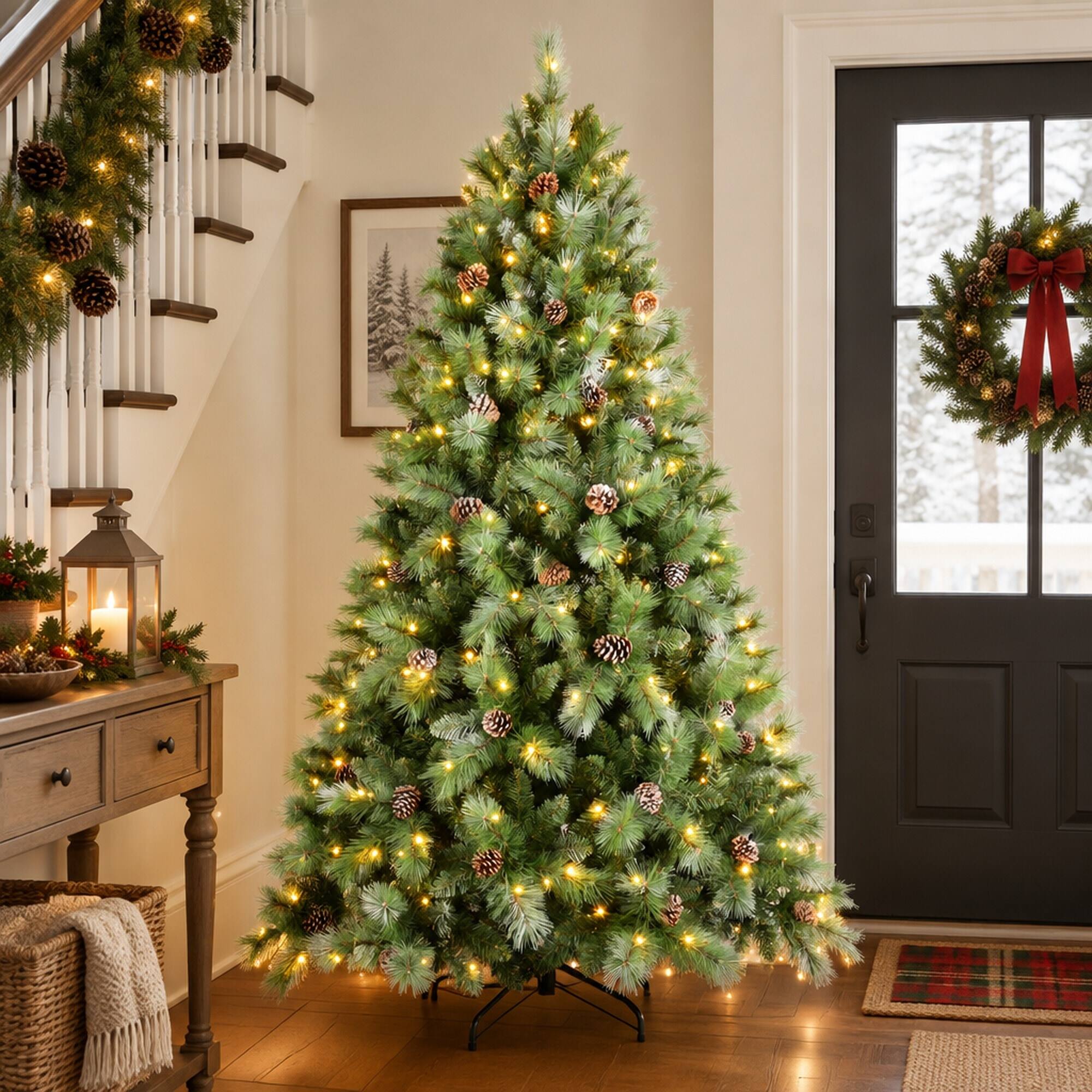 Alt View 1. RYHNUYNE - 7FT Pre-Lit Artificial Christmas Tree With 400 Warm White LED Lights and 1348 Tips, 82 Pine Cones and Metal Stand - Green.
