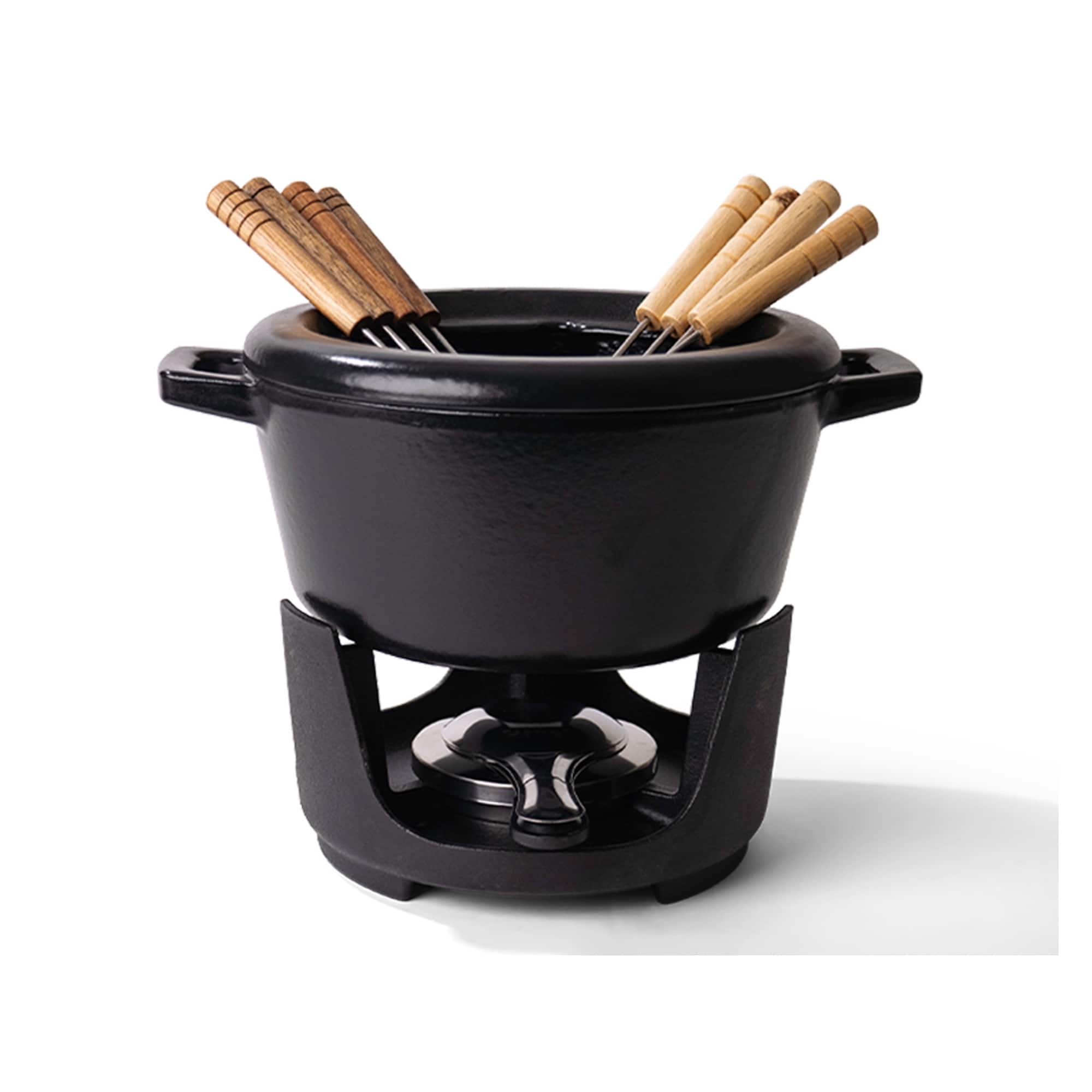 Alva - Nori Enameled Cast Iron Fondue Set, 8-Piece, 2-Qt - Black