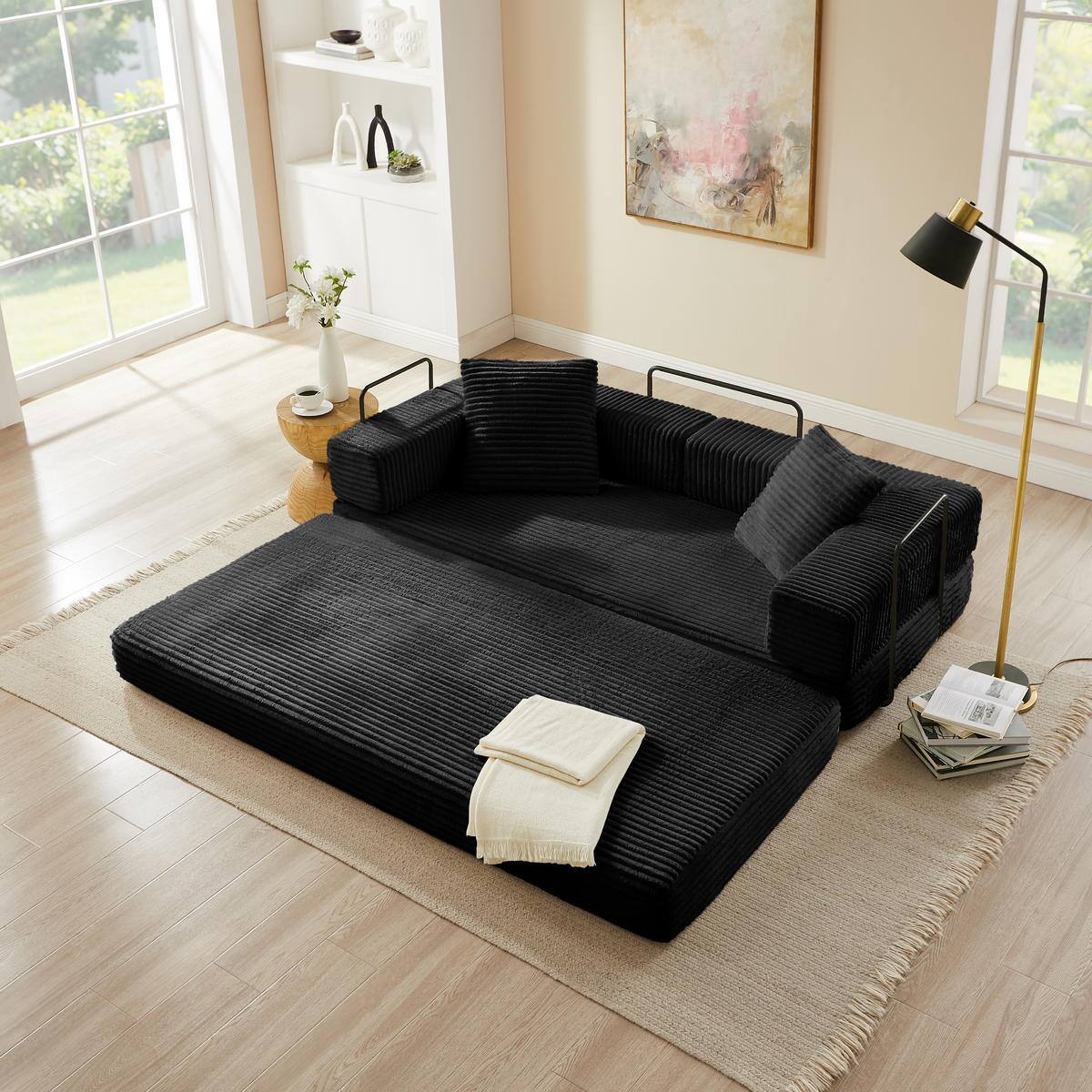 Alt View 2. Meqiodas - 81''Convertible Sofa Bed, Folding Floor Couch with Square Armrest, Comfy Sleeper Mattress for Living Room - Black.