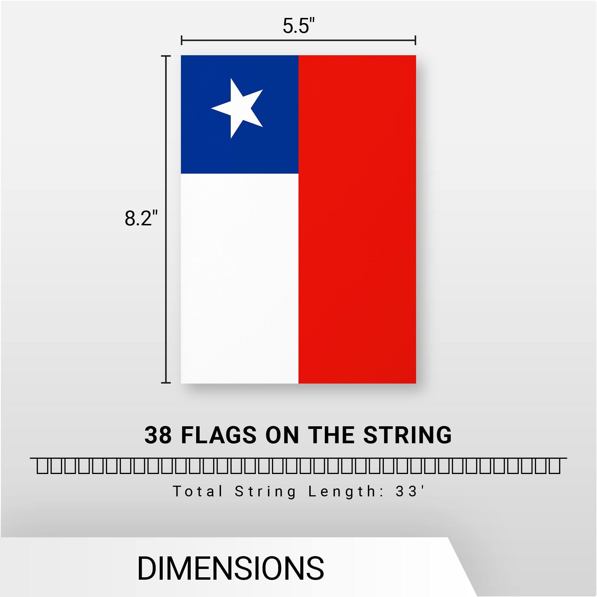 5.5" x 8.2"  
38 FLAGS ON THE STRING  
Total String Length: 33'  
DIMENSIONS