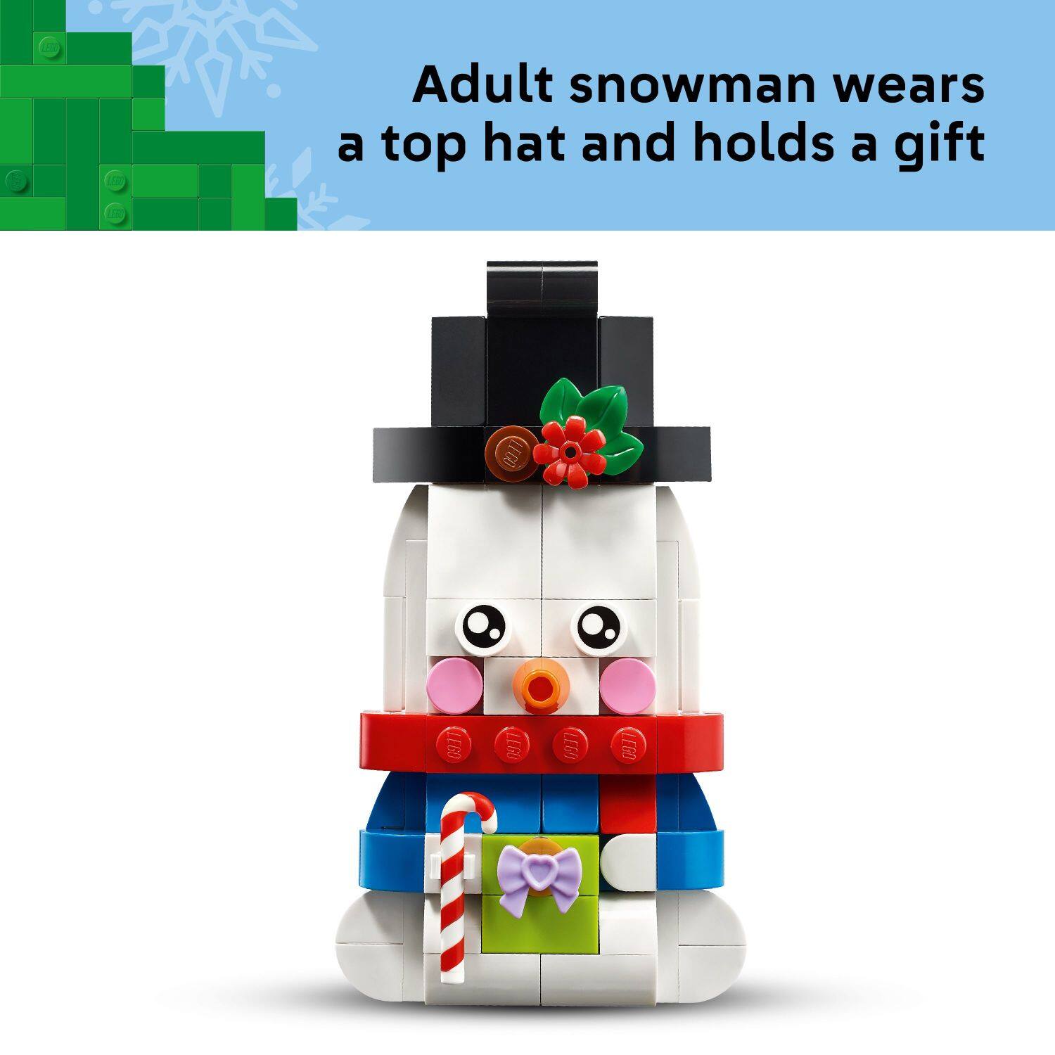 Adult snowman wears a top hat and holds a gift