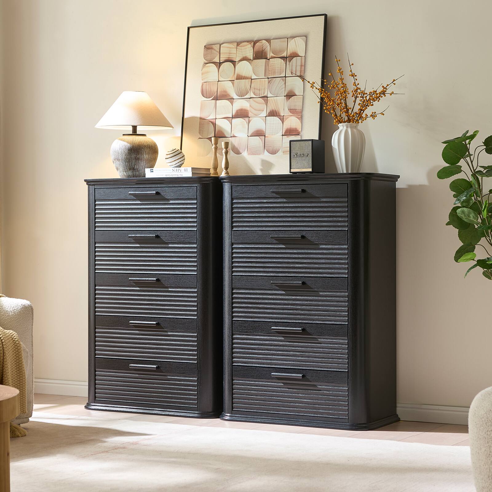 Alt View 1. Forest'nSky - Black Wood 5 drawer 31.5 in. Wide Chest of Drawers with Curved Profile Design for Living Room - Black.