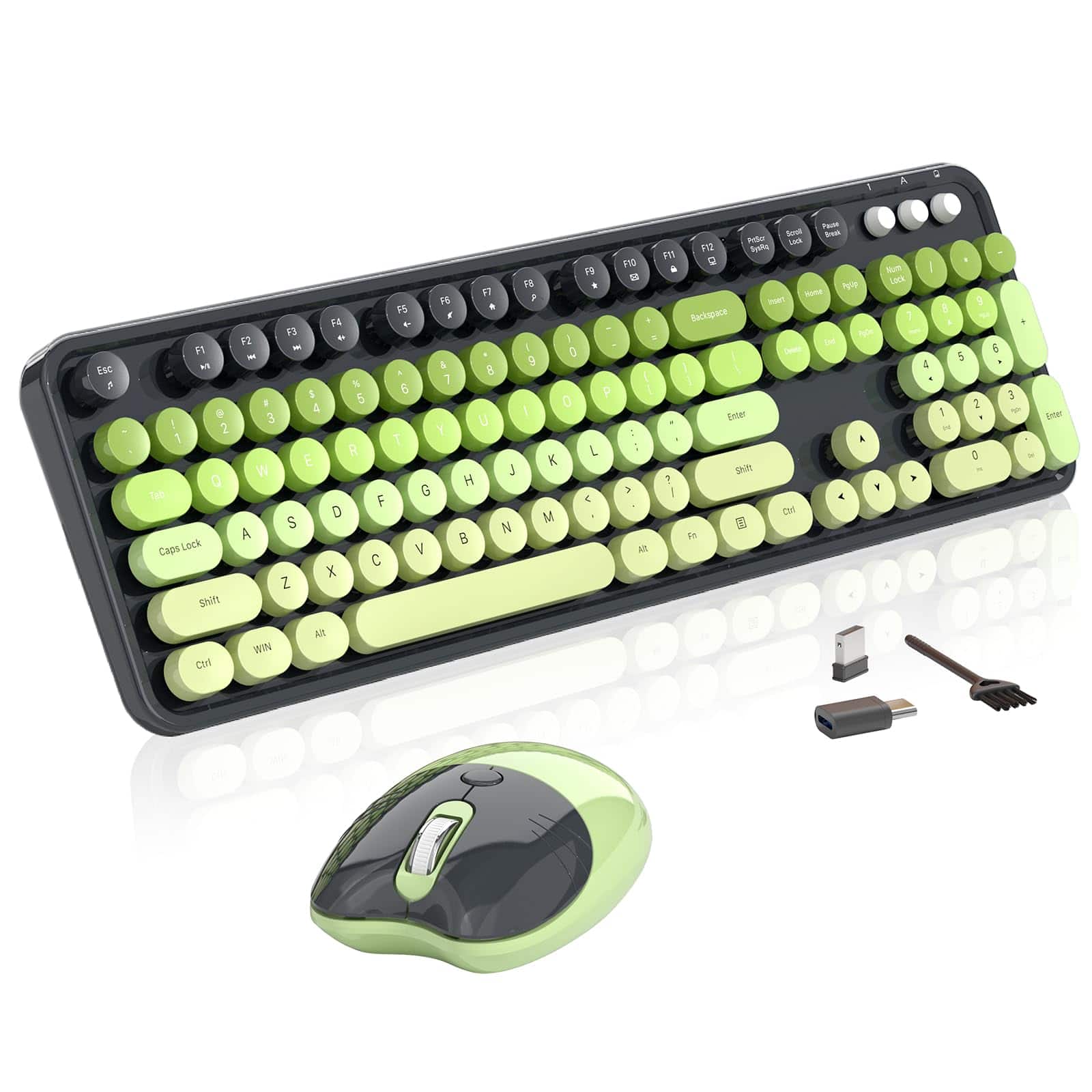 PO3TICJUNKI3 - Wireless And Mouse 104 Round Keycaps Retro Typewriter With Otg & Brush Full-size Ideal For Windows Pc Home - Gray Green