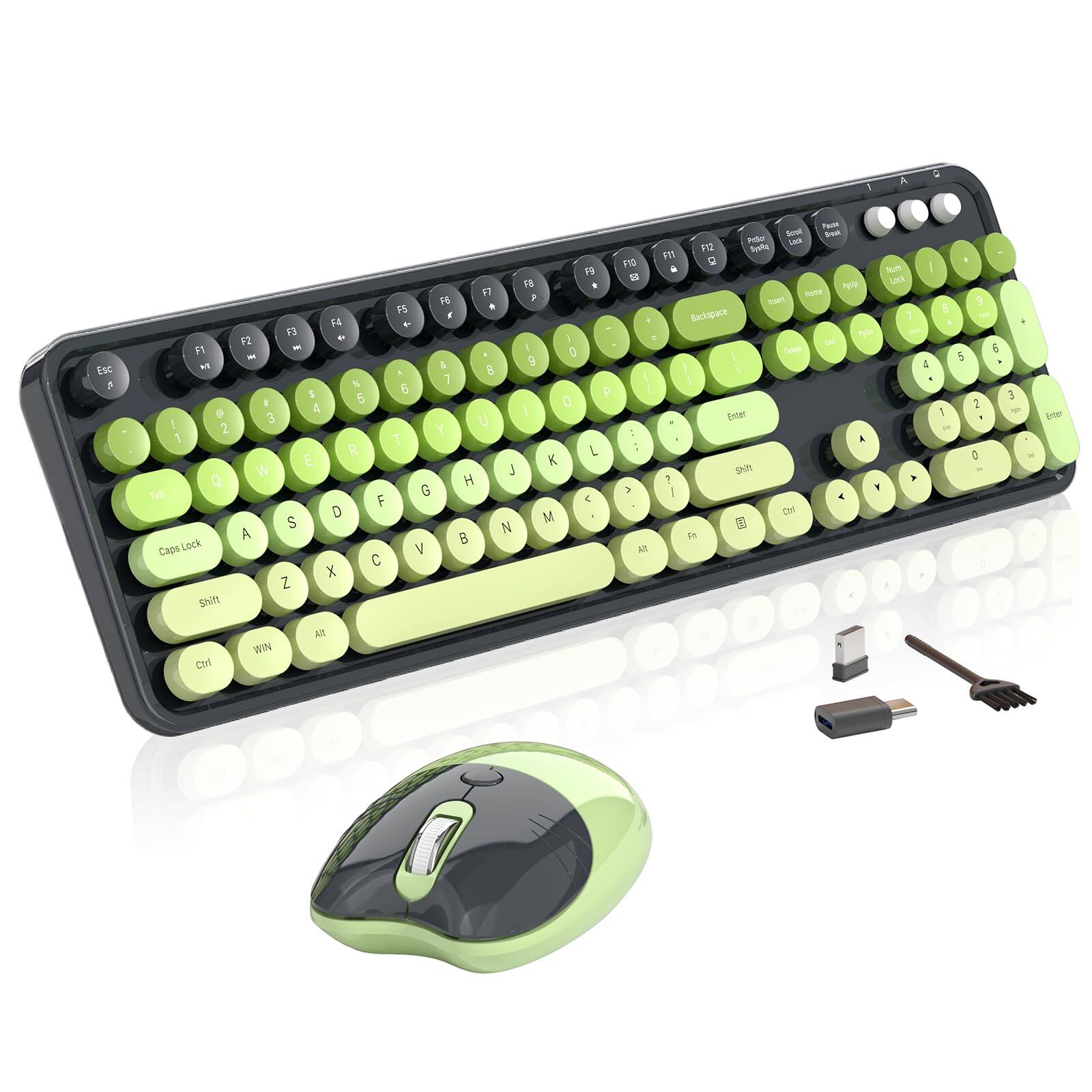 PO3TICJUNKI3 - Wireless And Mouse 104 Round Keycaps Retro Typewriter With Otg & Brush Full-size Ideal For Windows Pc Home - Gray Green