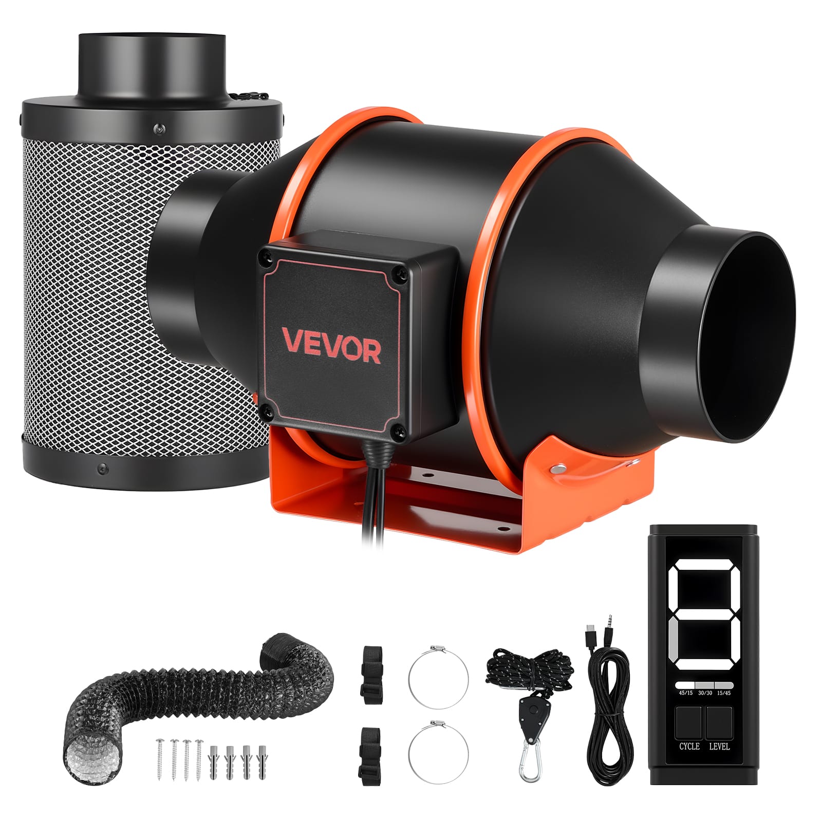 VEVOR - Inline Duct Fan Kit with Carbon Filter, 205 CFM 4 inch EC Motor Ventilation Fan with 3-Speed Circulation - Black;Orange