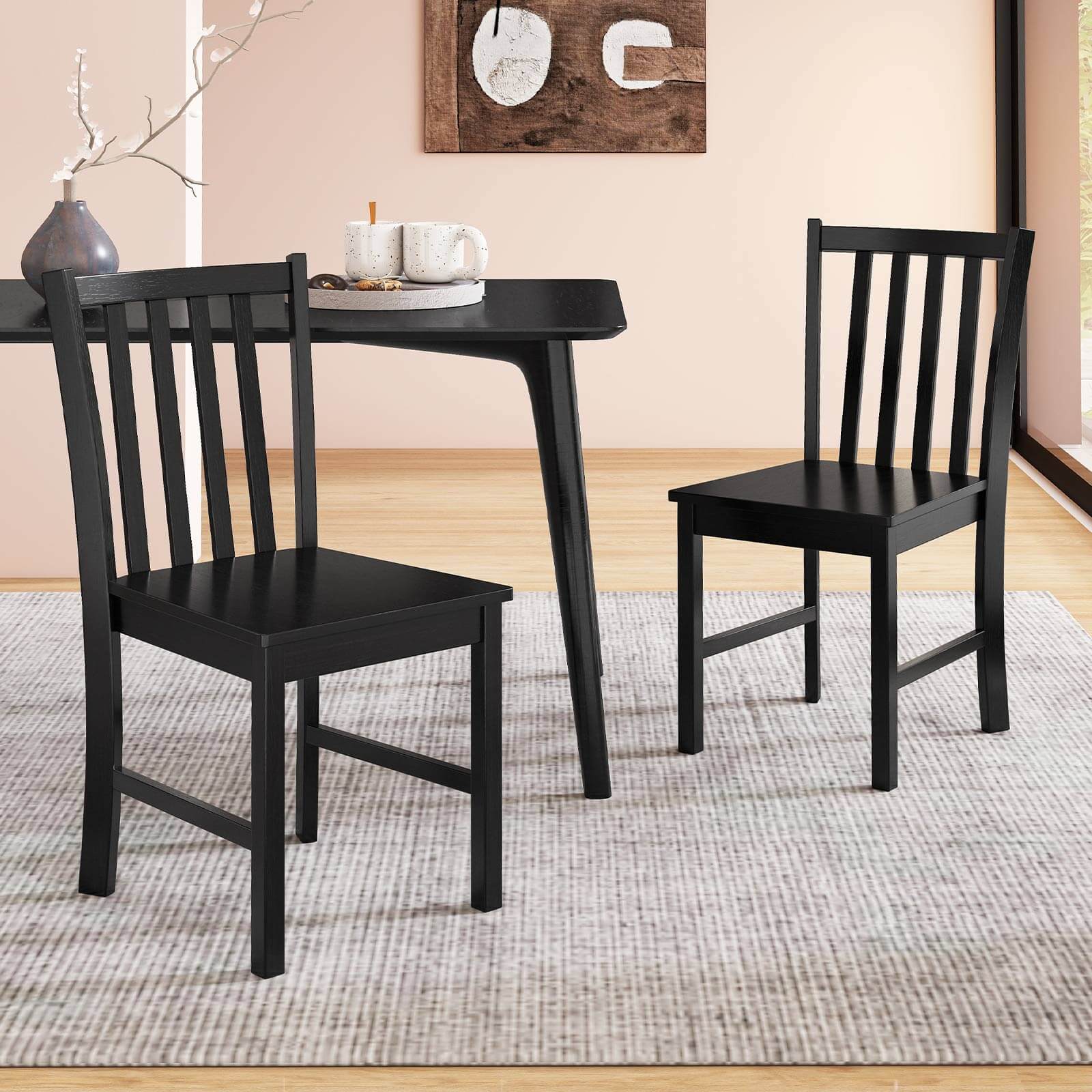 Alt View 1. Costway - Costway Rustic Dining Chairs Set of 2 with Slat Tilt Backrest, Wide Seat, Rubber Wood Legs - Black.