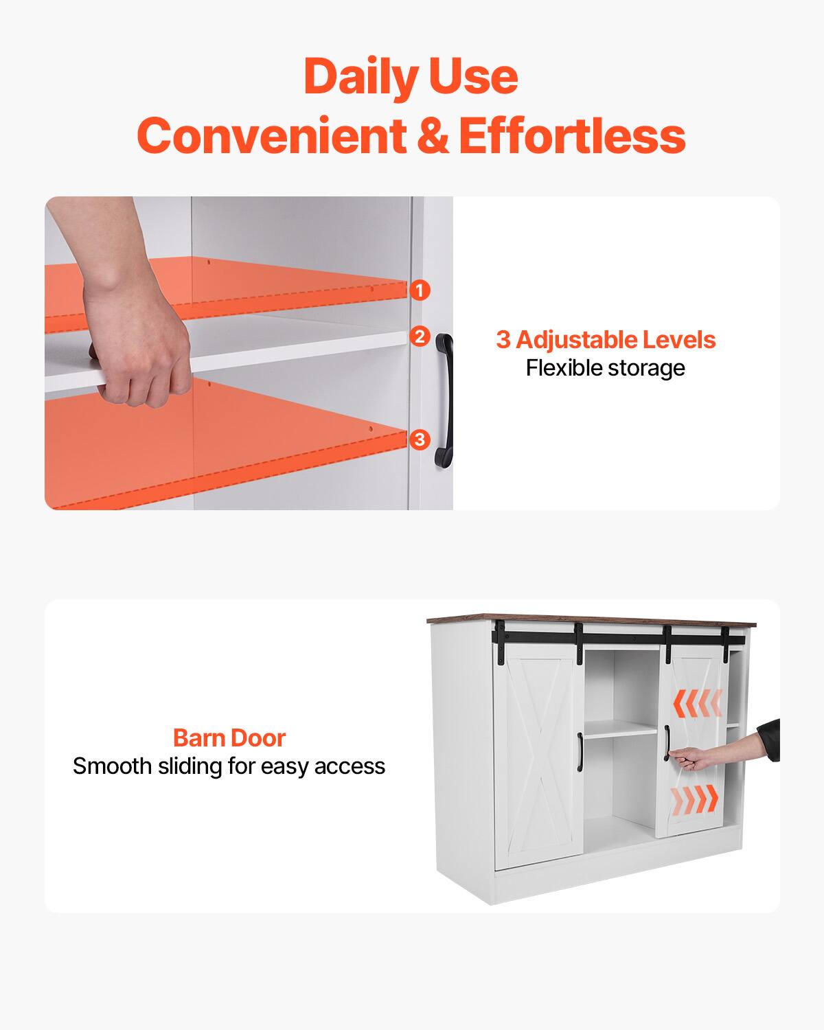 Daily Use  
Convenient & Effortless  

1. 3 Adjustable Levels  
   Flexible storage  

2. Barn Door  
   Smooth sliding for easy access