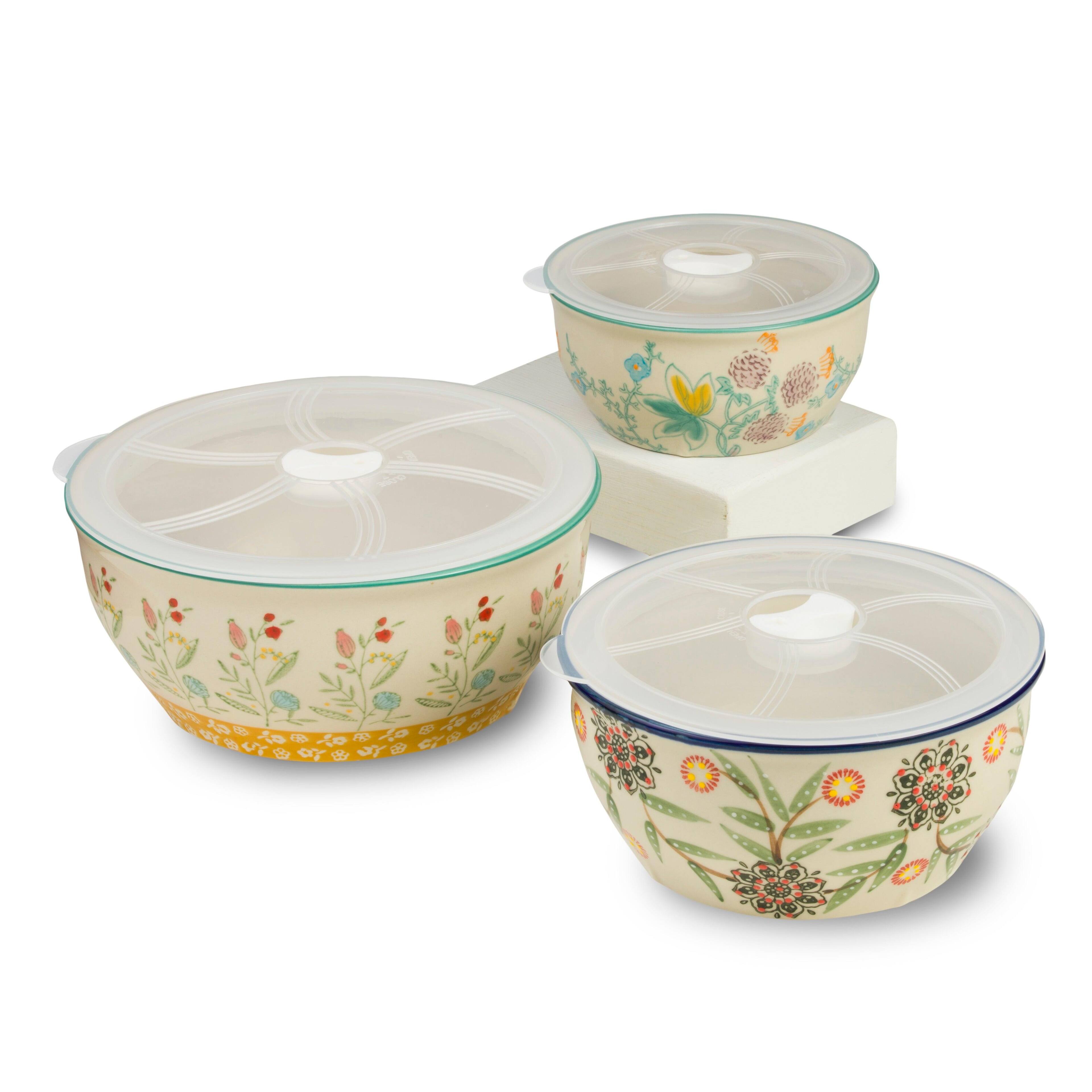 Left. Euro Ceramica Home - Ella 3 Piece Hand Painted Stoneware Nesting Storage and Prep Bowls Set - Green / Red / Pink / Yellow.