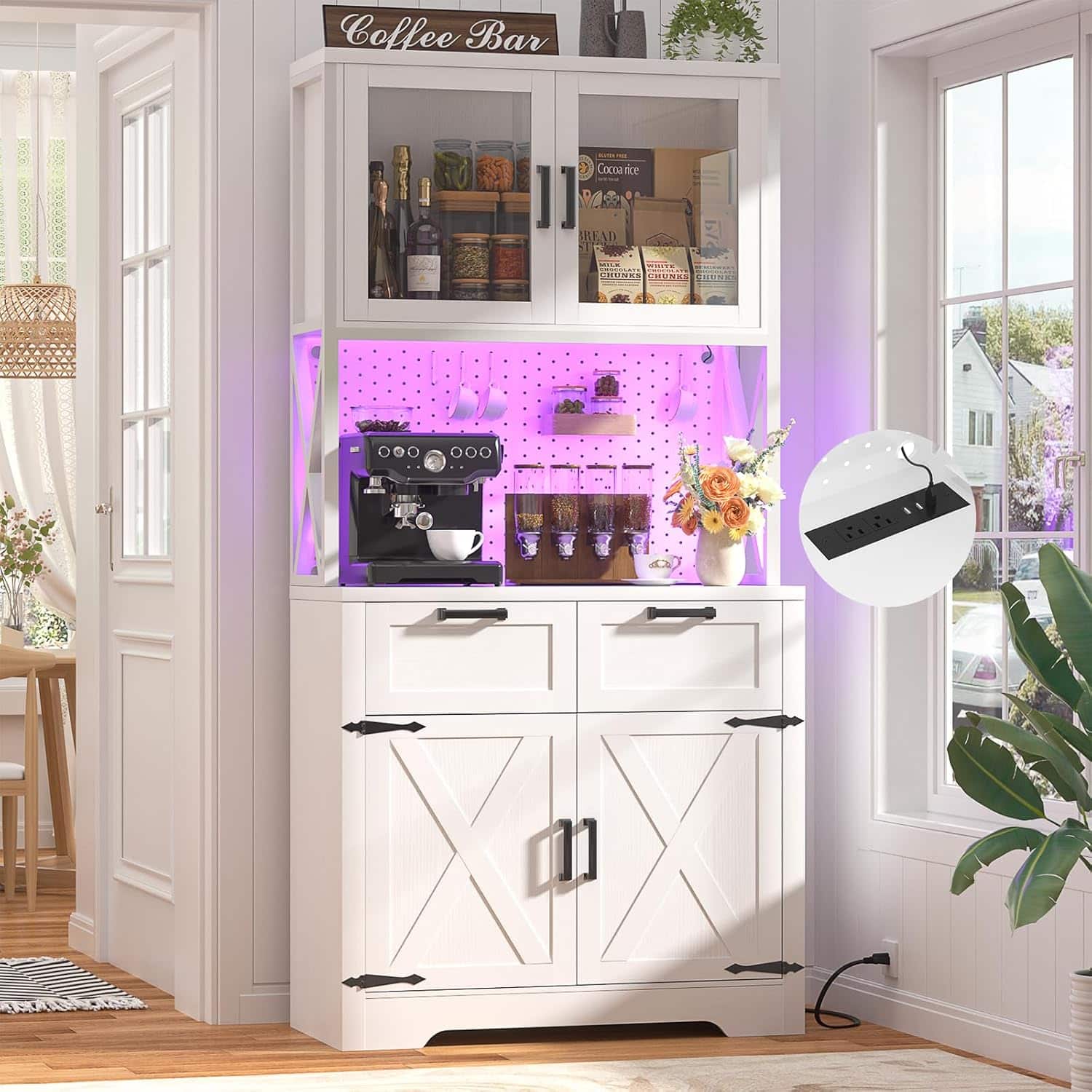 Aheaplus - 71'' Tall Pantry Cabinet with Power Outlets & LED Light, Storage Cabinet with 2 Drawers & DIY Pegboard, 2 Piece Set - White