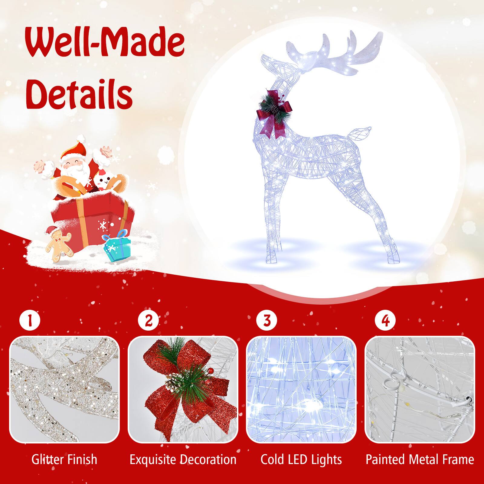 Well-Made Details

1. Glitter Finish
2. Exquisite Decoration
3. Cold LED Lights
4. Painted Metal Frame