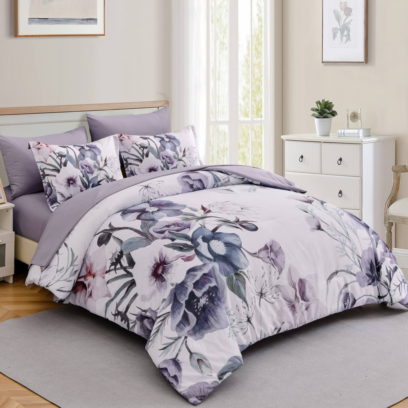 Left. Comfort Essence - Floral Comforter Set 7 Piece Flower Bed In A Bag Elegant With Sheet Soft Microfiber Bedding For All Season - Blue Purple-Queen Size.