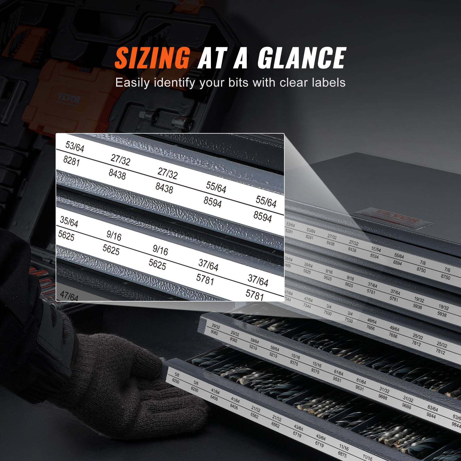 Sure, here is the corrected and grouped text:

---

**SIZING AT A GLANCE**

Easily identify your bits with clear labels

- 53/64 8281
- 27/32 8438
- 55/64 8594
- 35/64 5625
- 9/16 5625
- 37/64 5781
- 47/64 8438
- 9/16 5625
- 55/64 8594
- 37/64 5781
- 19/32 734
- 19/32 7500
- 29/32 7656
- 25/32 7812
- 21/32 6405
- 21/32 6562
- 21/32 9844
- 43/64 8