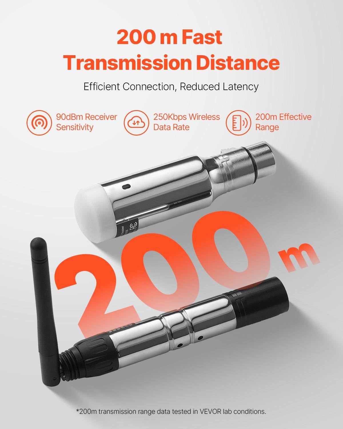 200 m Fast Transmission Distance  
Efficient Connection, Reduced Latency  

90dBm Receiver Sensitivity  
250Kbps Wireless Data Rate  
200m Effective Range  

*200m transmission range data tested in VEVOV lab conditions.
