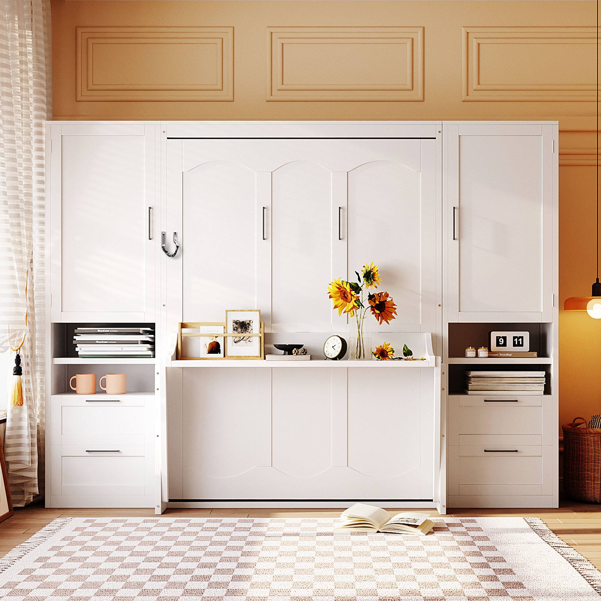 Angle. Tiramisubest - Full Size White Murphy Bed with Closet, Drawers & Shelves, MDF+LVL, 107x18x82 inches, 395 lbs - White.