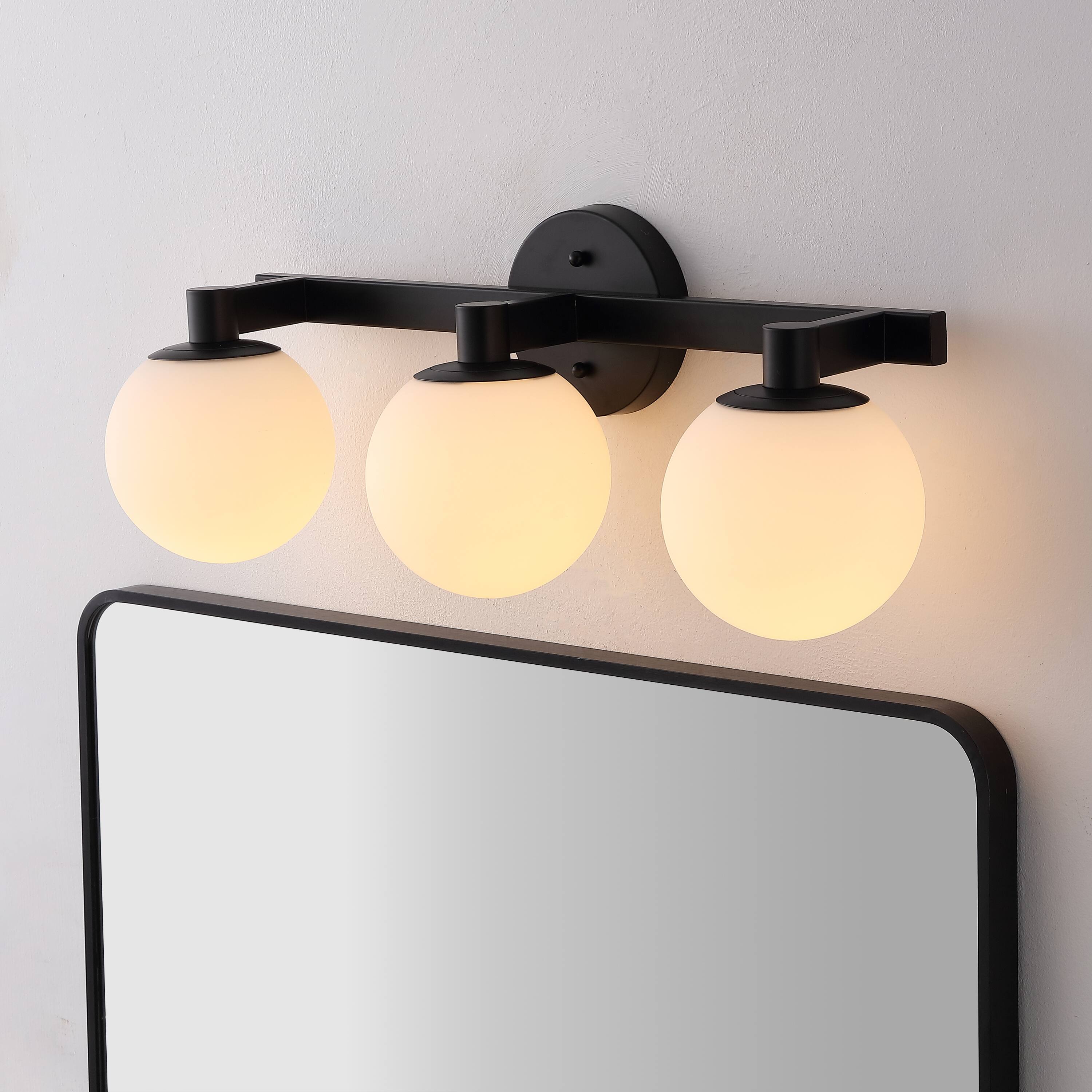 Alt View 1. Jonathan Y - Modernist Globe 24" 3-Light Metal/Frosted Glass Modern Contemporary LED Vanity, Black - Black/White.