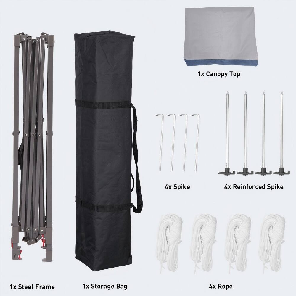1x Canopy Top, 1x Steel Frame, 1x Storage Bag, 4x Spike, 4x Reinforced Spike, 4x Rope