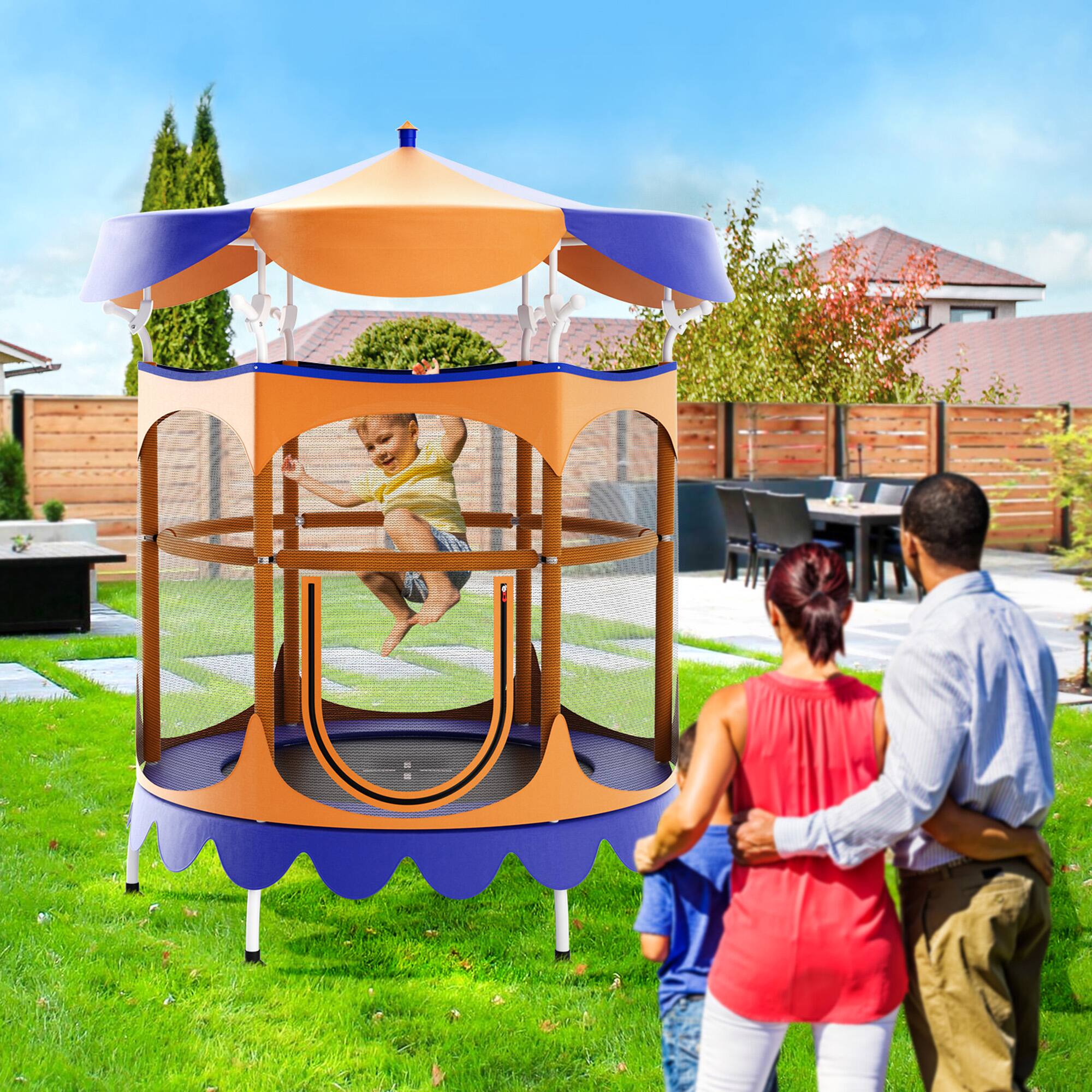 Alt View 3. Gymax - Gymax 64'' Kids Trampoline w/ Detachable Canopy Safety Enclosure Net Foam Handle Orange - Orange, Blue.