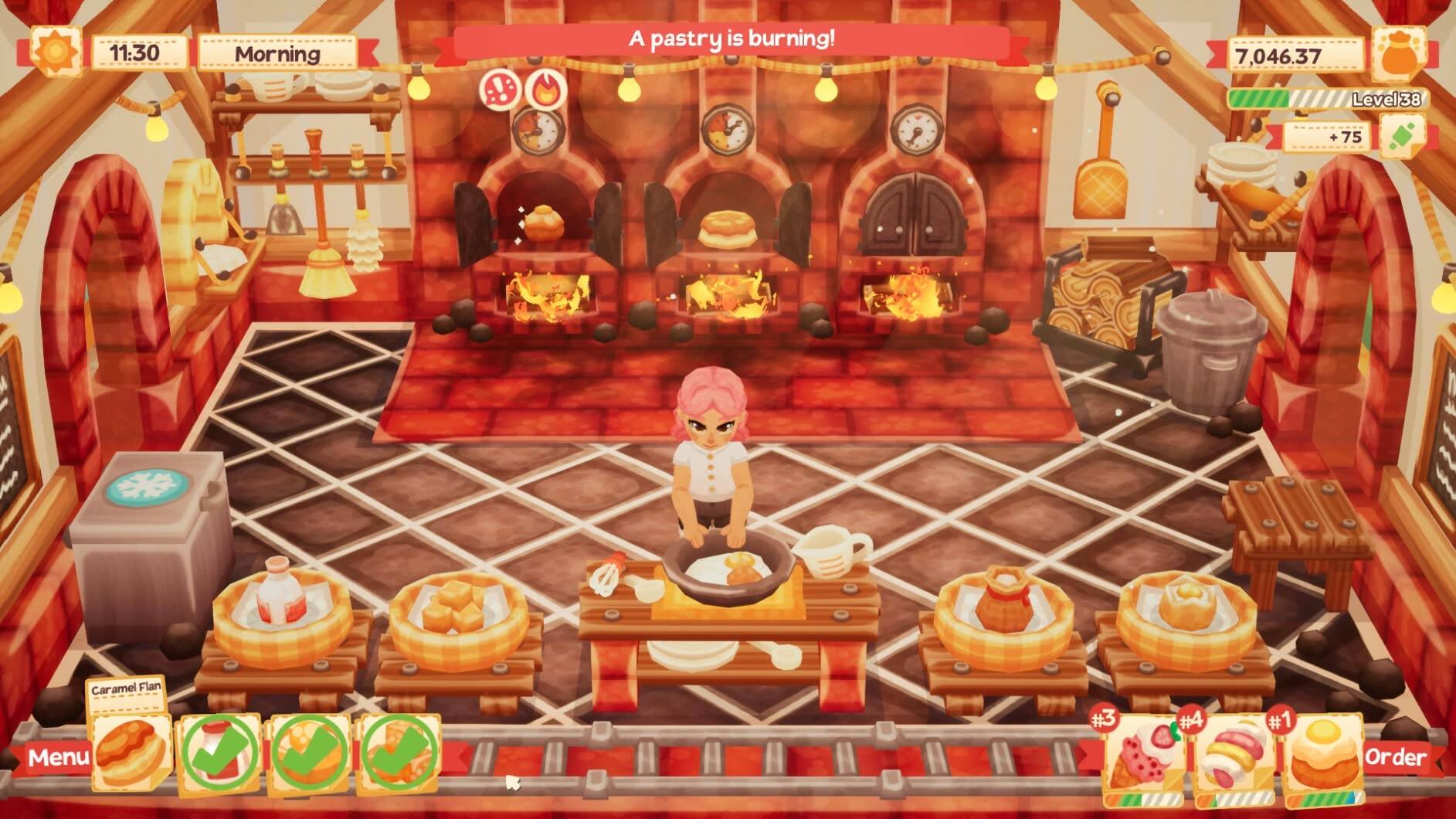 11:30 Morning  
A pastry is burning!  

7,046.37  
Level 38 + 75  

Caramel Flan  
Menu #3 #4 #1  
Order