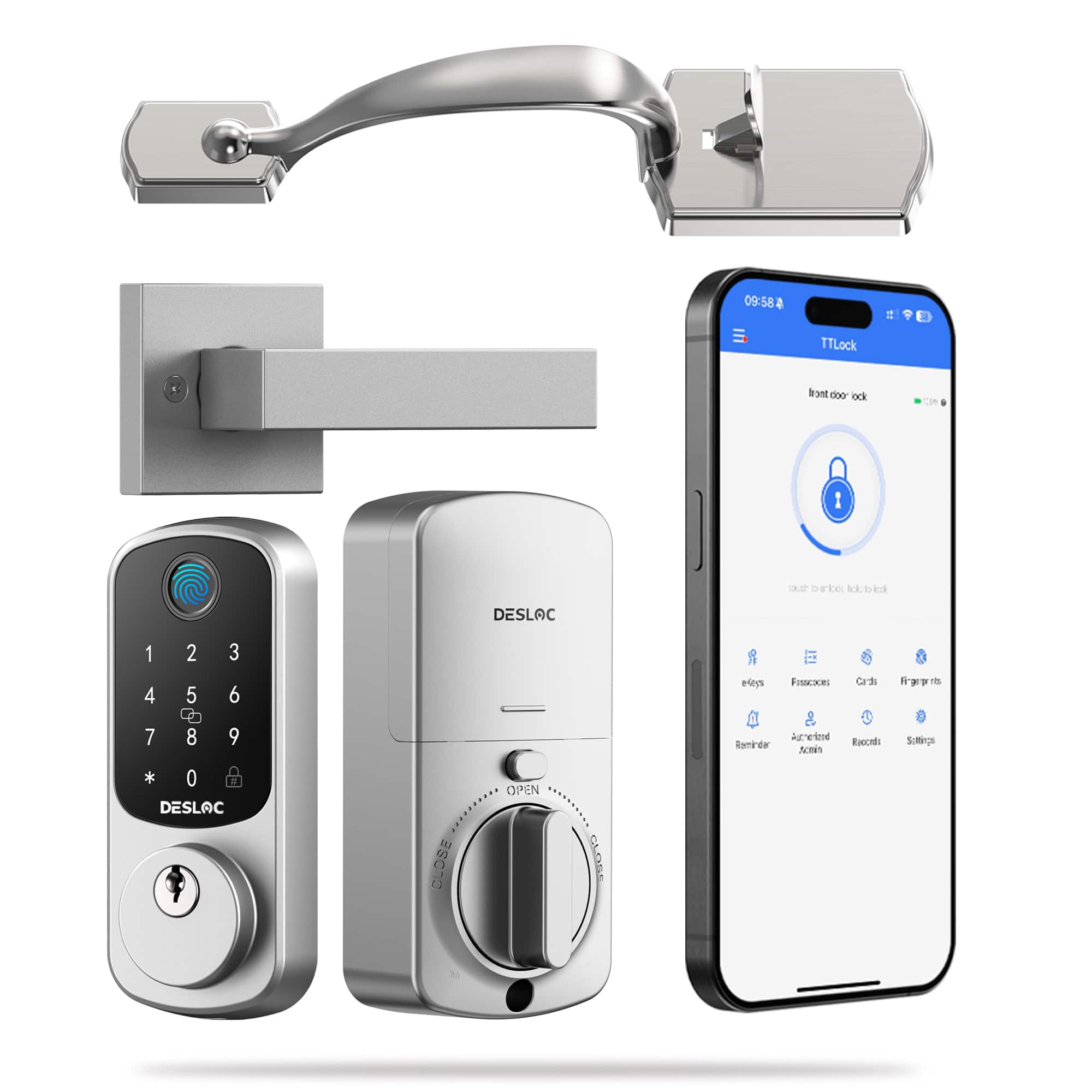 DESLOC - B200 Smart Lock Keyless Entry Fingerprint Deadbolt with Handle/Lever Set, Front Door Replacement, Bluetooth App - Silver - Handle