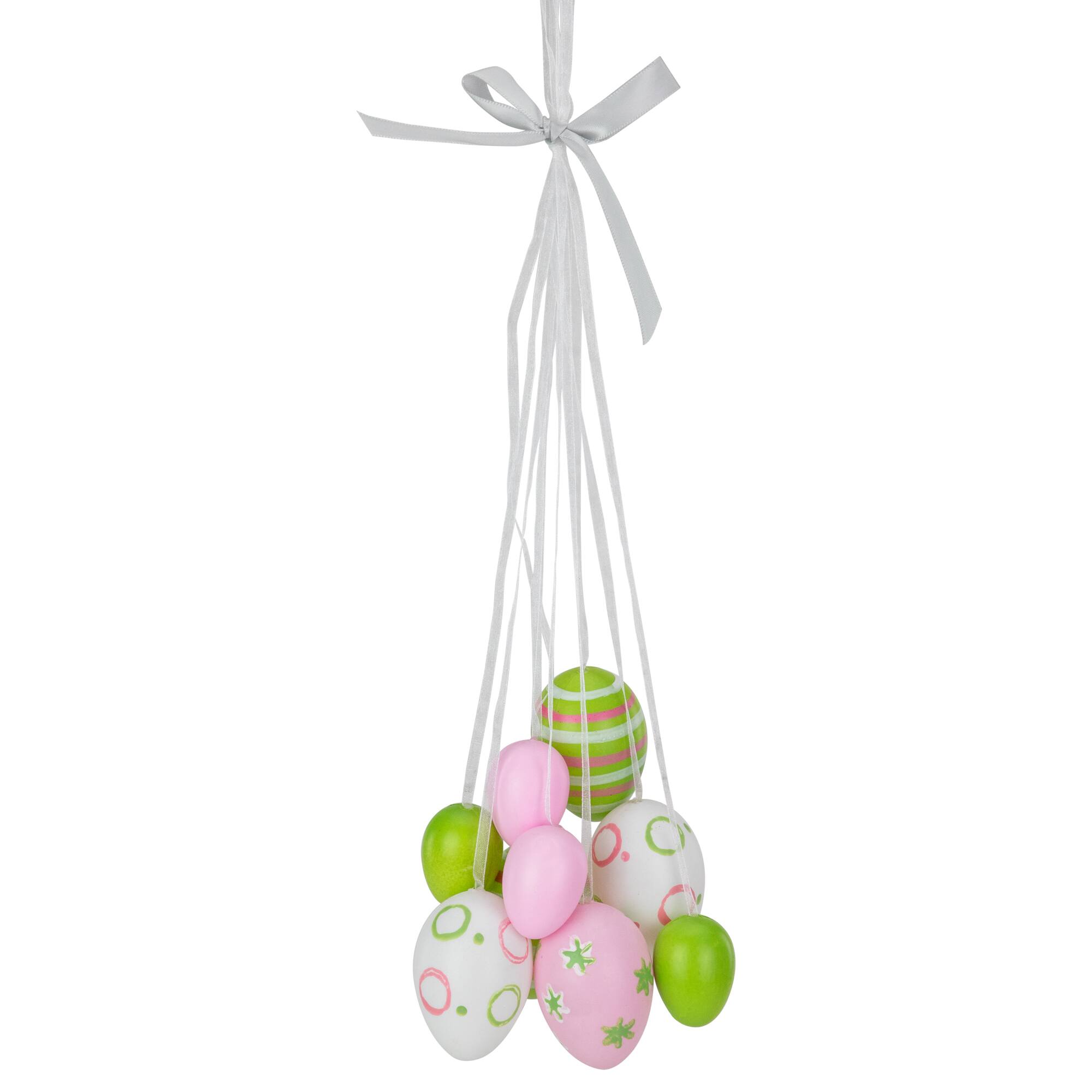 Front. Northlight - 11" Pastel Pink, Green and White Spring Easter Egg Cluster Hanging Decoration - Green.