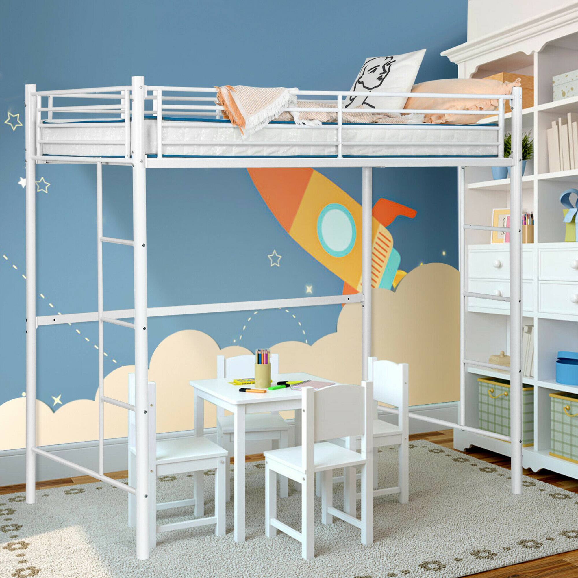 Alt View 1. Costway - Twin Size Loft Bed Heavy Duty Metal Loft Bed Frame with Safety Guardrail - White.