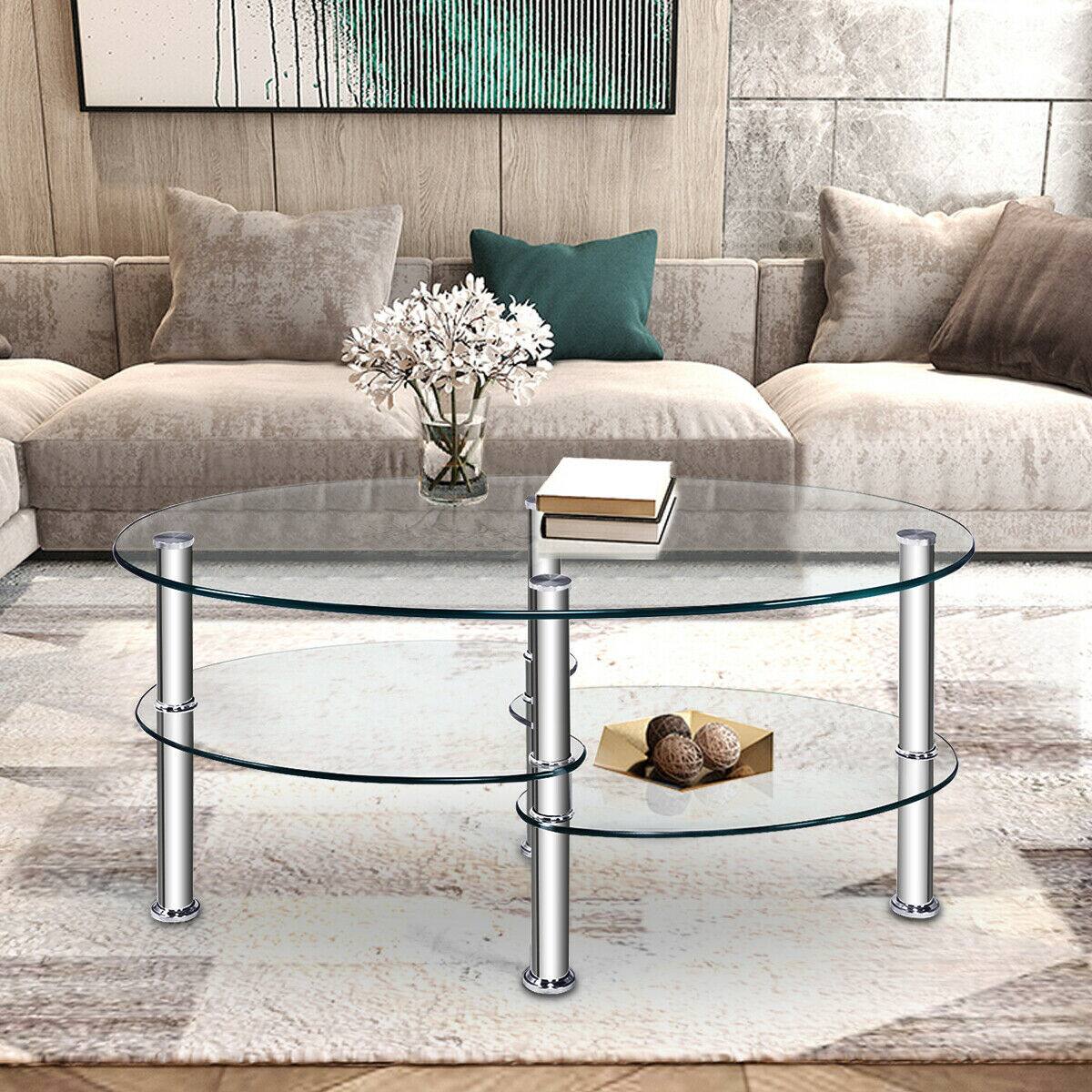 Alt View 1. Costway - Costway Tempered Glass Oval Side Coffee Table Shelf Chrome Base Living Room Clear - Clear.
