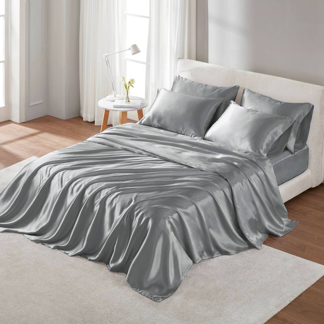 Alt View 1. Gracie Mills - Gracie Mills Coralie 6-Piece Wrinkle-free Satin Sheet Set - Grey.