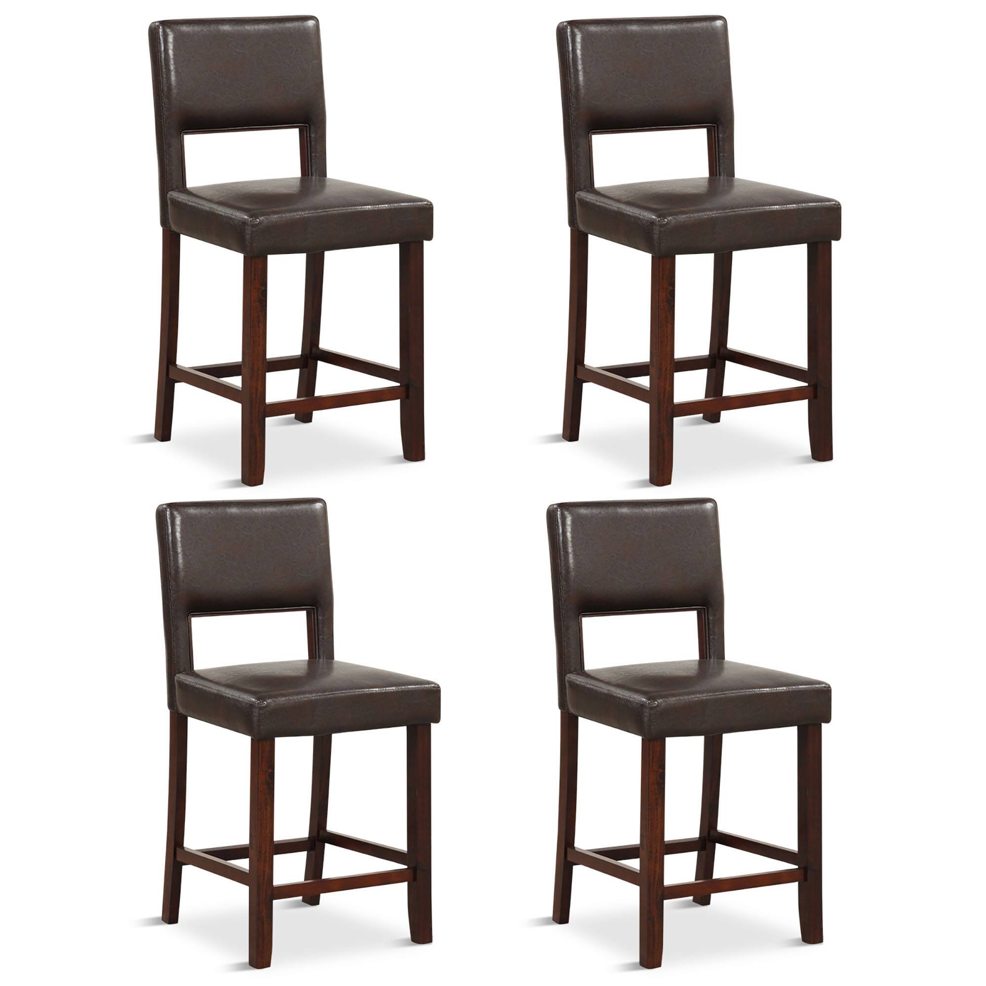 Gymax - 4-Piece PVC Leather Counter Height Bar Stool Set w/ Back & Rubber Wood Legs - Brown