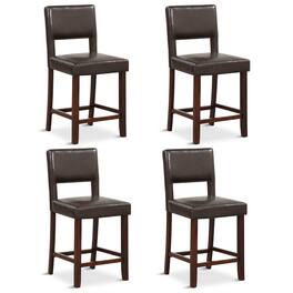 Gymax - 4-Piece PVC Leather Counter Height Bar Stool Set w/ Back & Rubber Wood Legs - Brown