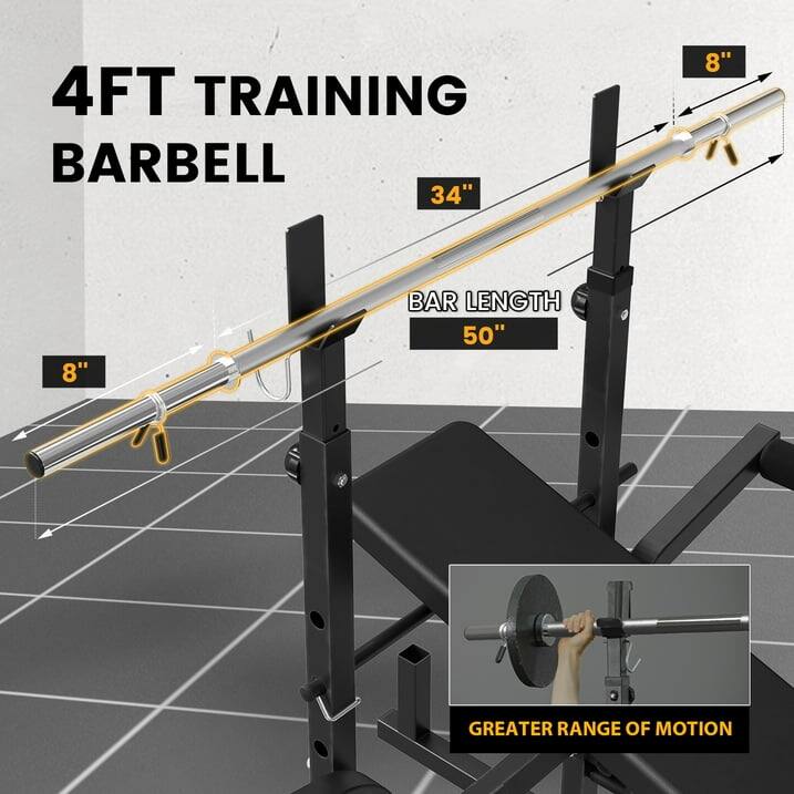 4FT TRAINING BARBELL 8" 8" BAR LENGTH 50" GREATER RANGE OF MOTION 34"