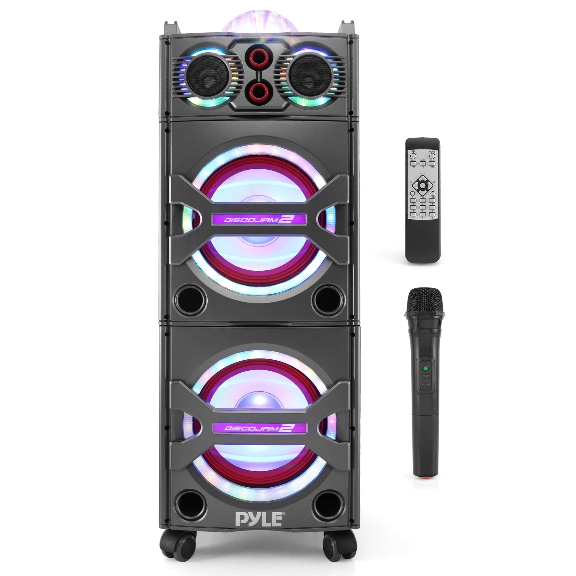Pyle - Portable Bluetooth PA Speaker, 2000W, Dual 8” Subwoofer, Party Lights, USB/SD Reader, Wheels - PSUFM1043BT