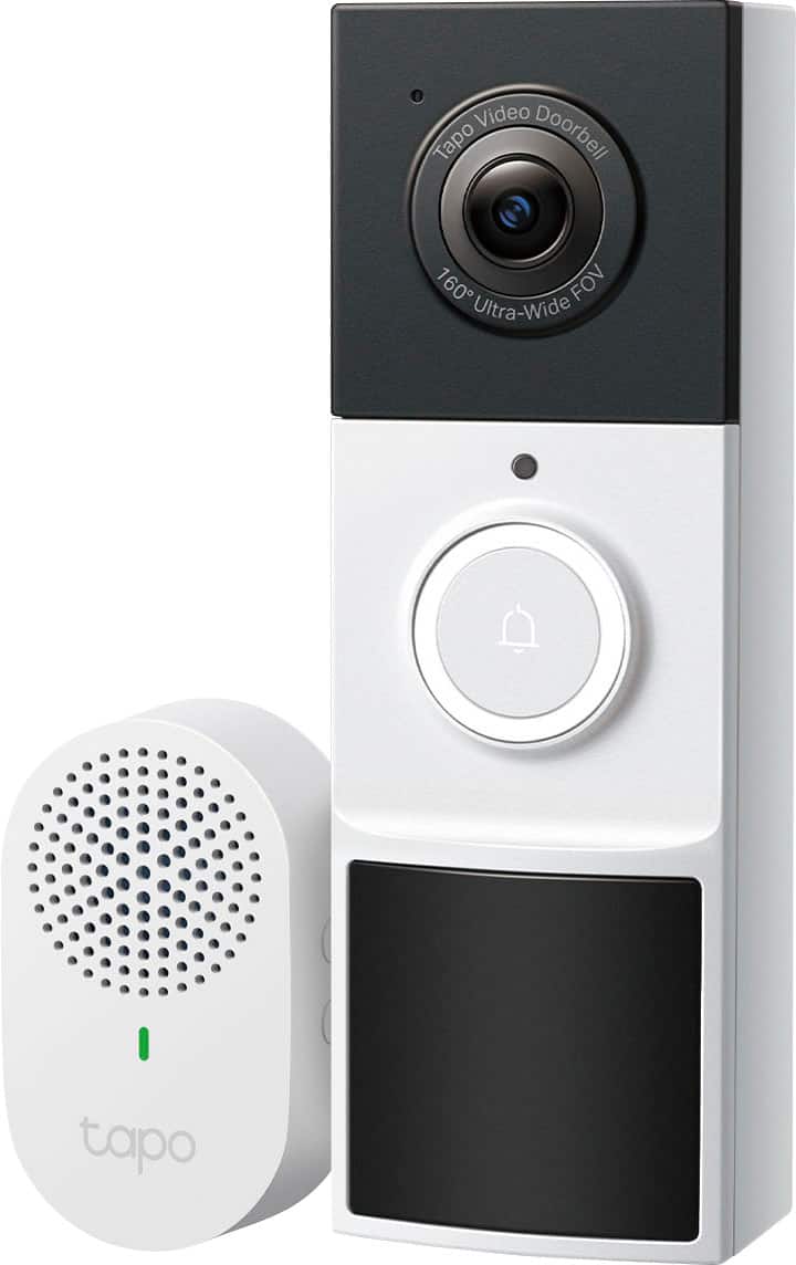 The image features a white door with a black camera on top of it. The camera is a Tapo doorbell, which has a wide field of view (160 FOV) and is designed for door security. The doorbell is placed next to a white speaker, which is also a part of the Tapo system. The combination of the camera and speaker provides a comprehensive security solution for the door, allowing users to monitor and communicate with visitors remotely.