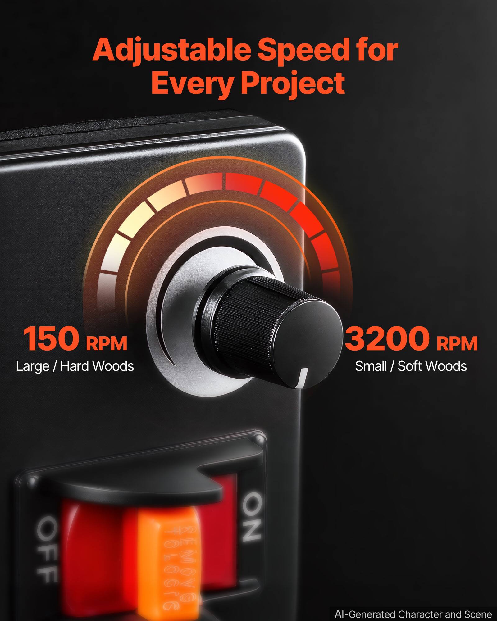 Adjustable Speed for Every Project

150 RPM Large / Hard Woods

3200 RPM Small / Soft Woods

OFF

ON

TOLOGIC REMOVO

AI-Generated Character and Scene
