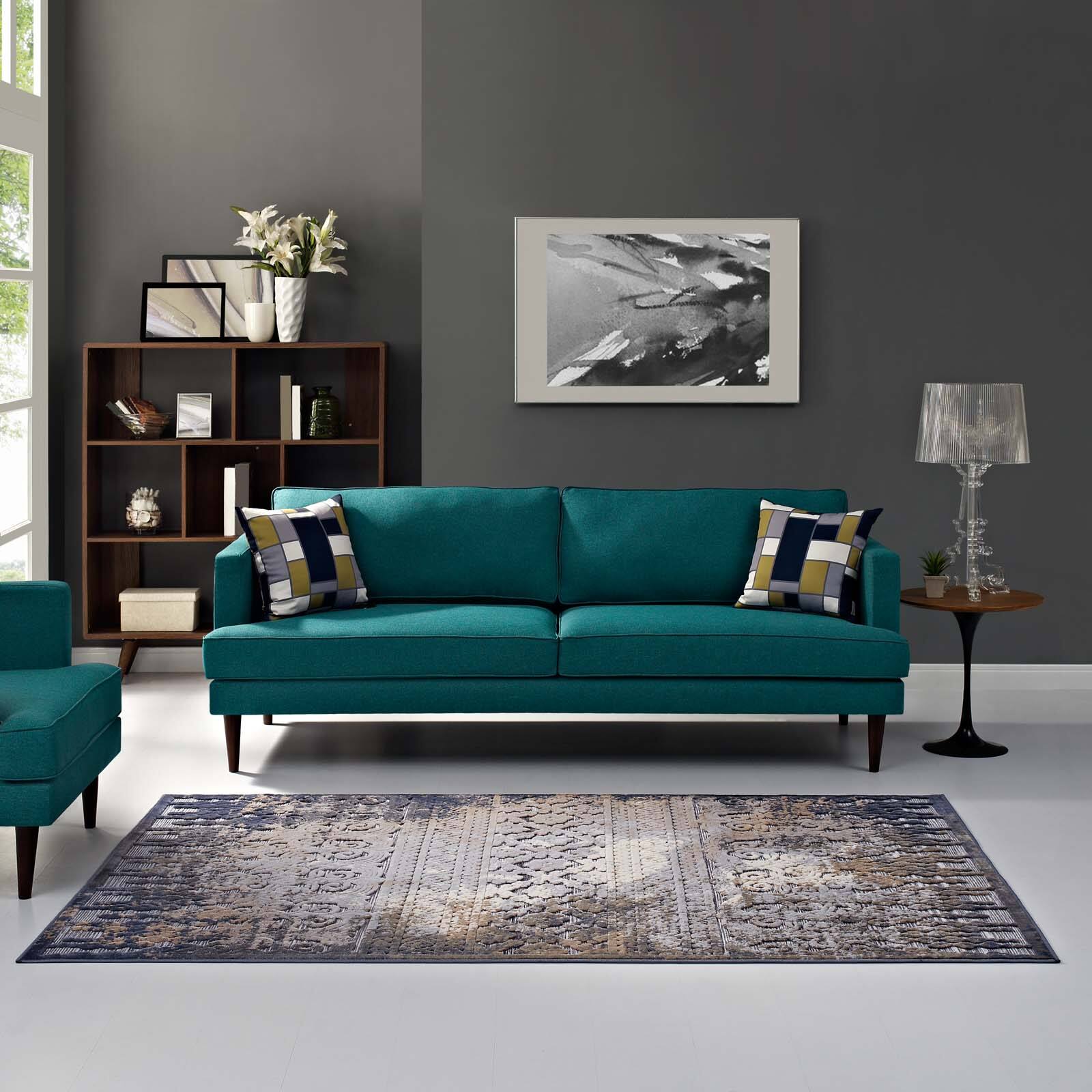 Left. Modway - Kalene Distressed Vintage Turkish Area Rug - Blue Rust and Cream.