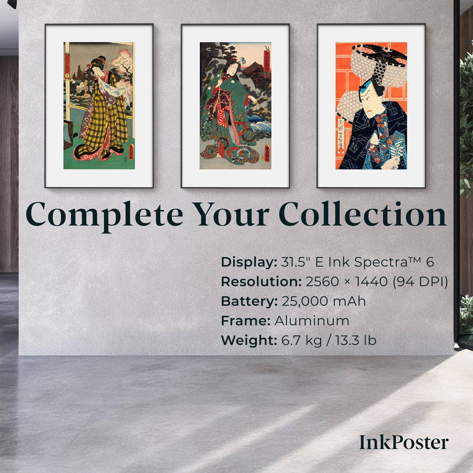 Complete Your Collection

Display: 31.5" E Ink Spectra™ 6  
Resolution: 2560 x 1440 (94 DPI)  
Battery: 25,000 mAh  
Frame: Aluminum  
Weight: 6.7 kg / 13.3 lb  

InkPoster