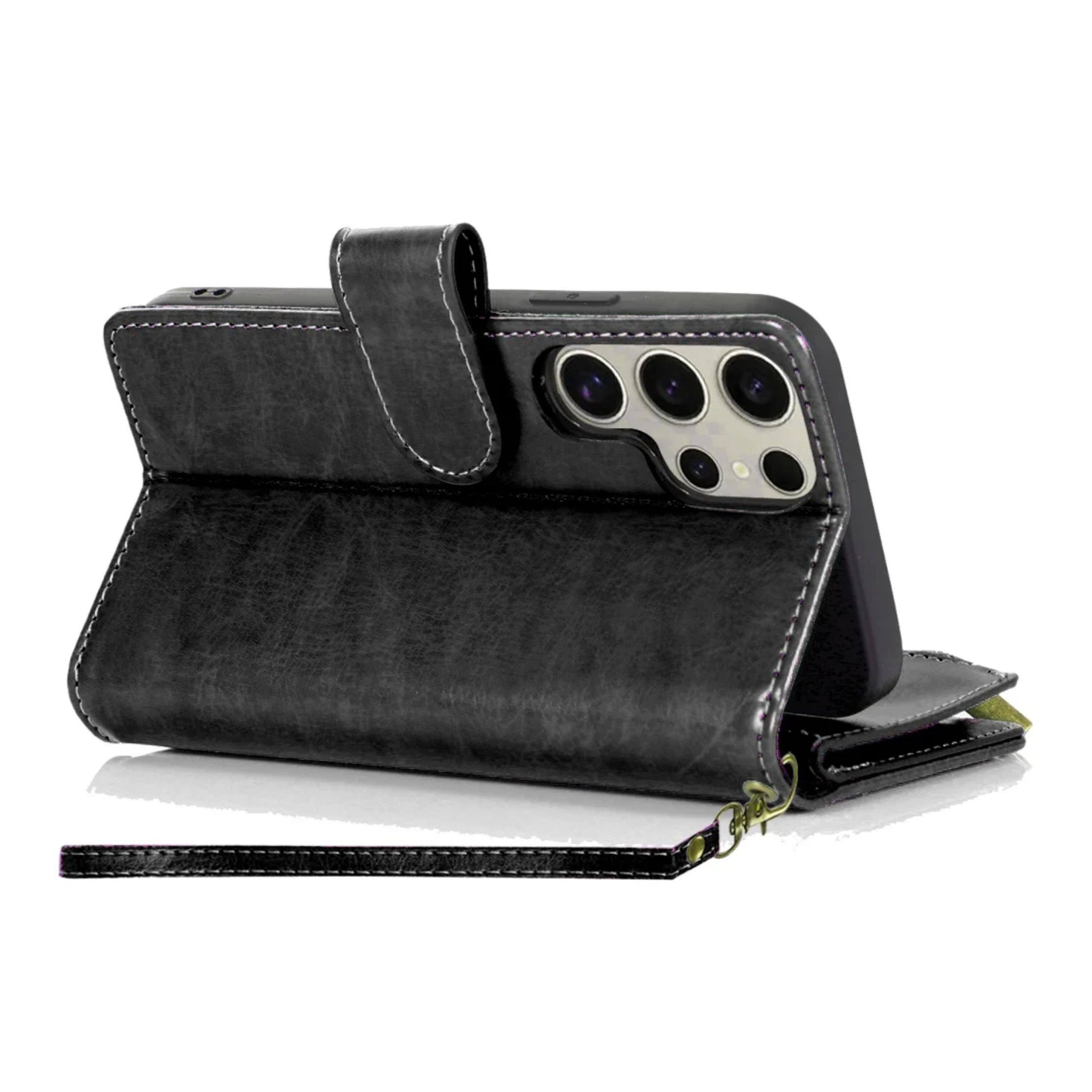 Left. Kitcheniva - PU Leather Wallet Zipper Phone Case With Tempered Glass For Samsung Galaxy S25 Ultra Black - Black.