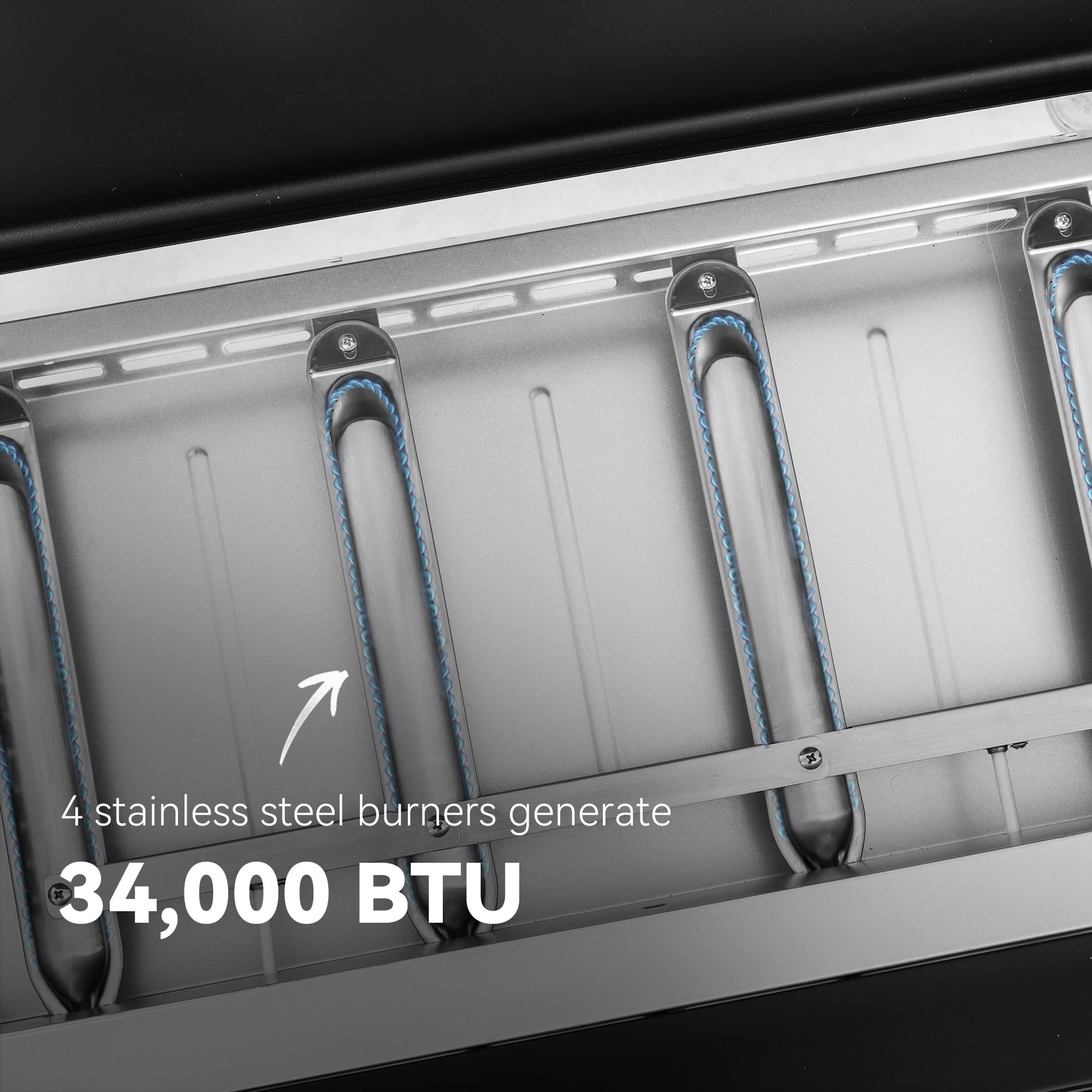 4 stainless steel burners generate 34,000 BTU