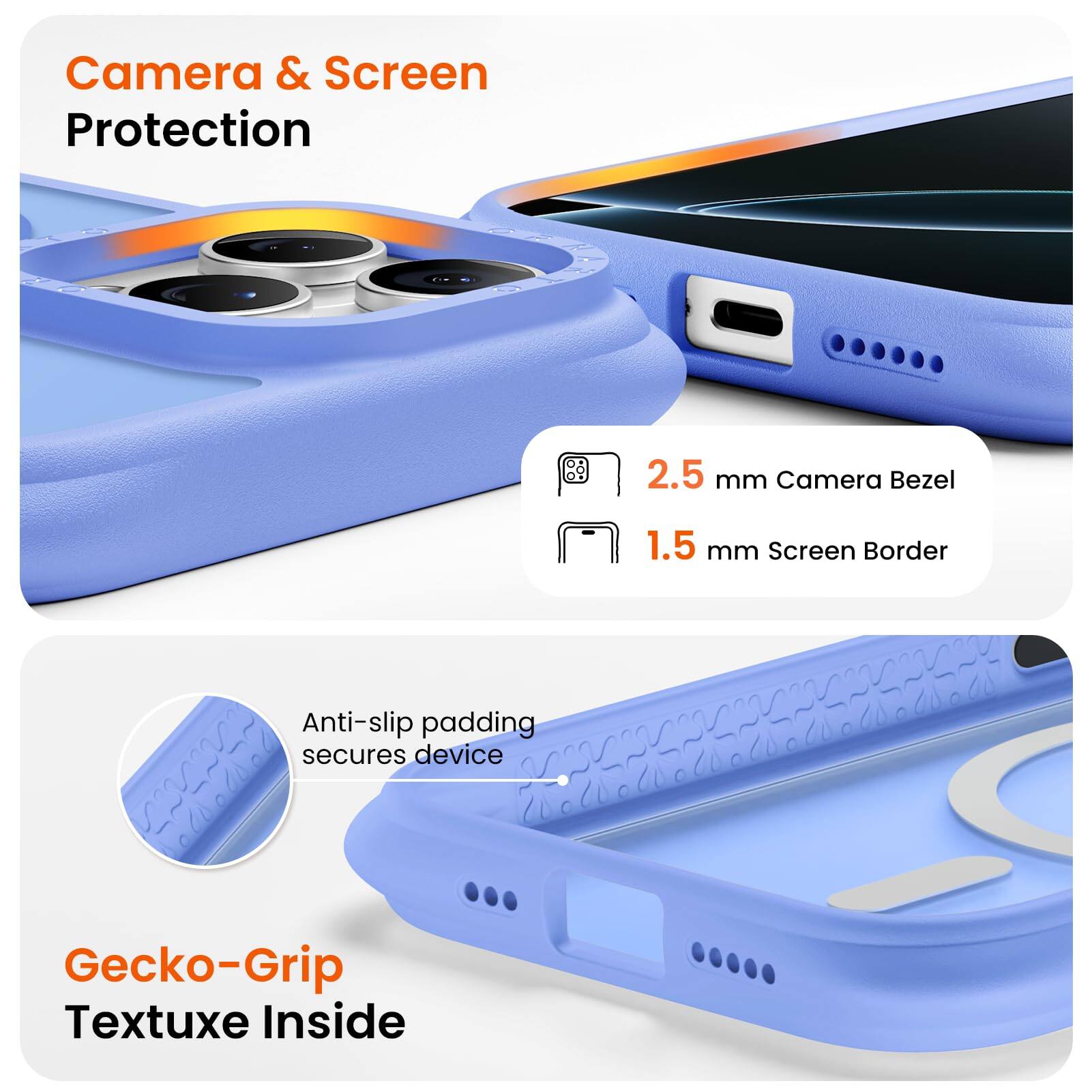 Camera & Screen Protection  
2.5 mm Camera Bezel  
1.5 mm Screen Border  
Anti-slip padding secures device  
Gecko-Grip Textuxe Inside