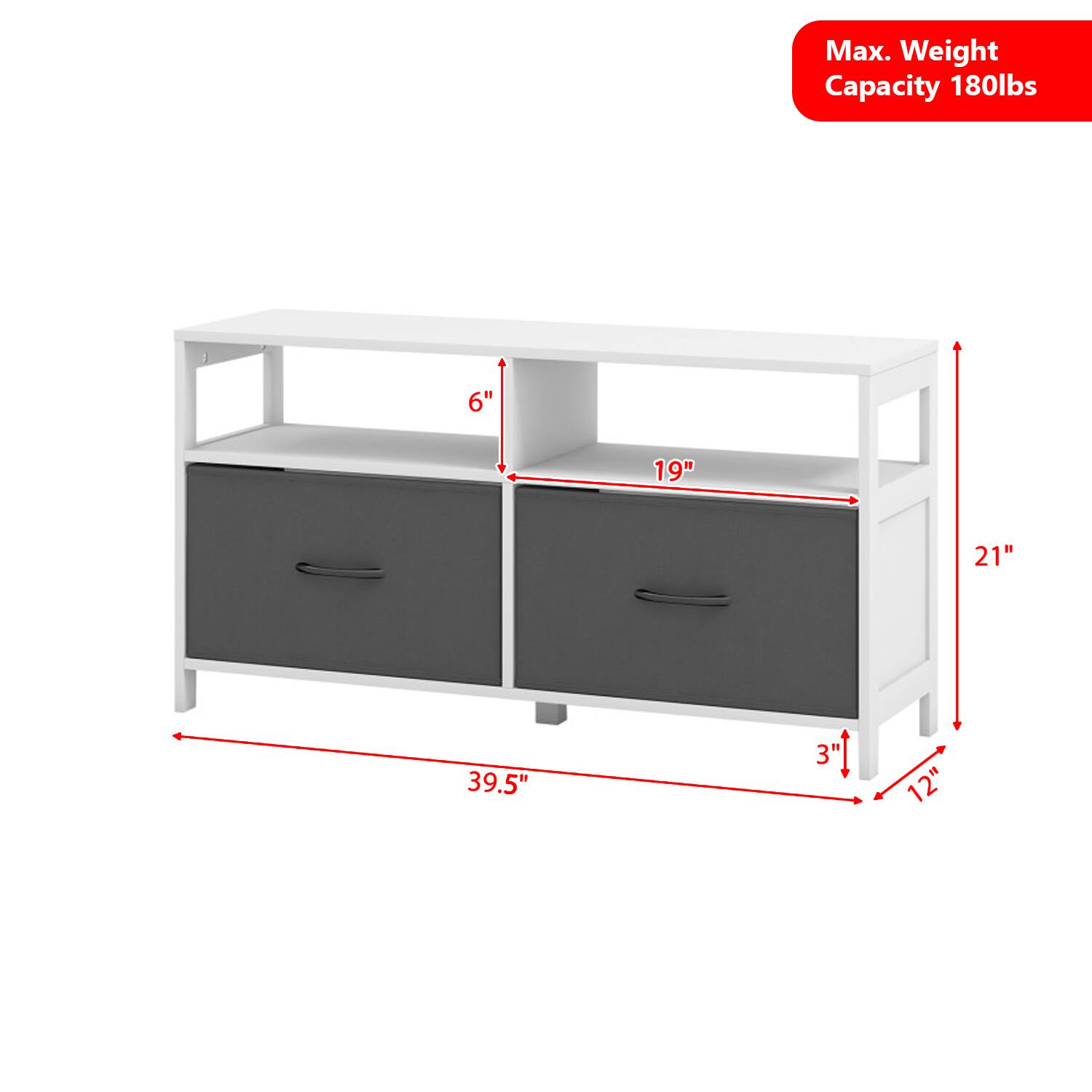 Max. Weight Capacity 180lbs  
6" 19" 21" 39.5" 3" 12"