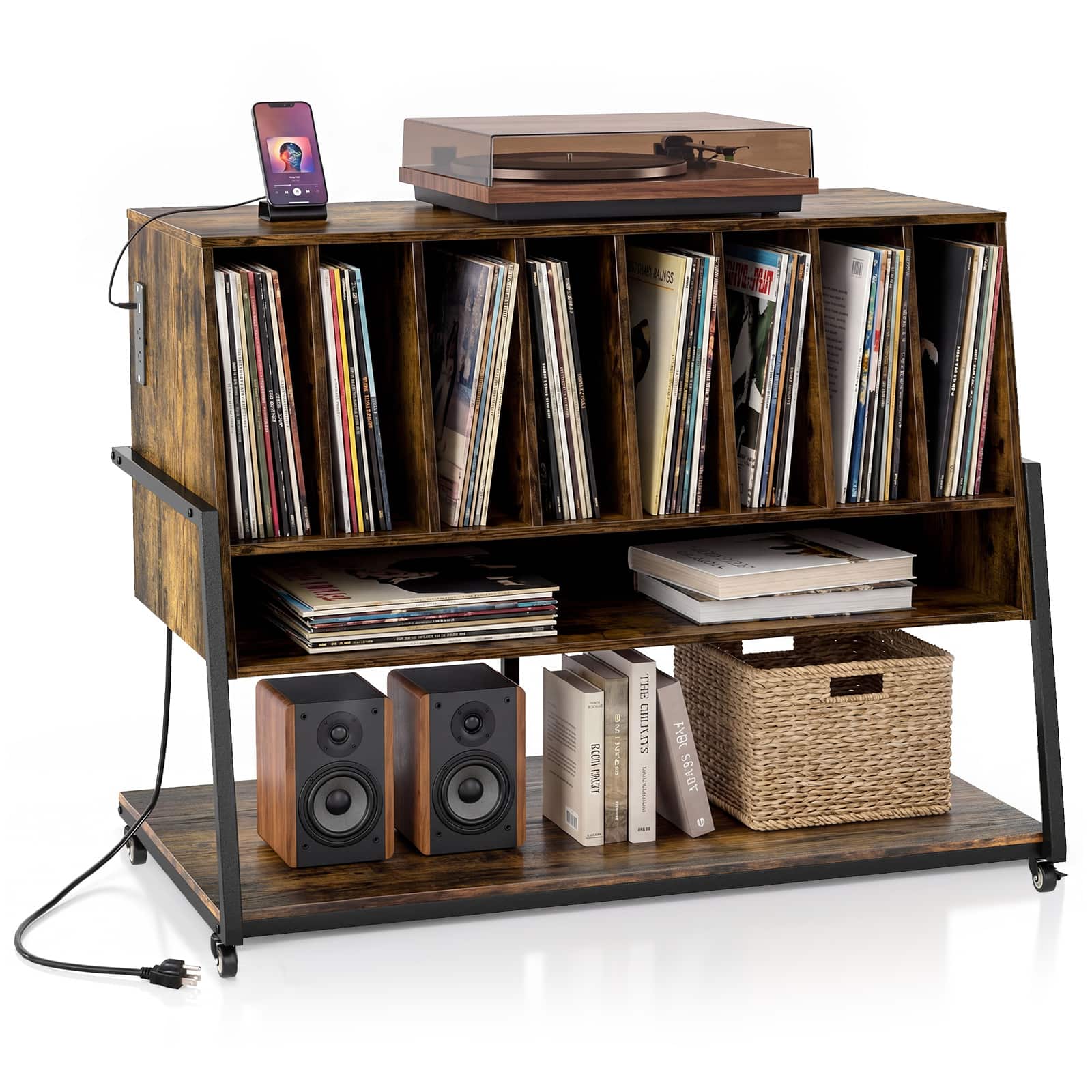 Costway - Record Player Stand with Charging Station, Turntable Stand with Vinyl Storage Shelves - Rustic Brown price history on PriceWatchPro