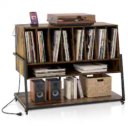 Costway - Record Player Stand with Charging Station, Turntable Stand with Vinyl Storage Shelves - Rustic Brown