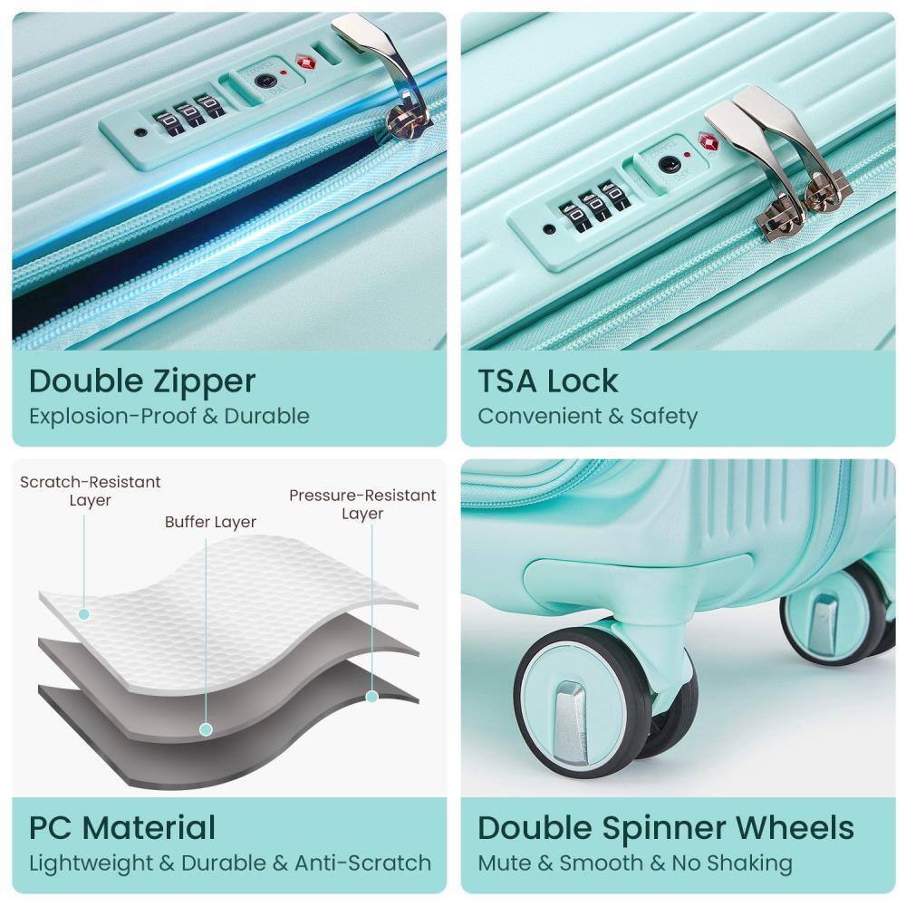 - Double Zipper: Explosion-Proof & Durable
- TSA Lock: Convenient & Safety
- PC Material: Lightweight & Durable & Anti-Scratch
- Double Spinner Wheels: Mute & Smooth & No Shaking
- Scratch-Resistant Layer
- Pressure-Resistant Layer
- Buffer Layer
