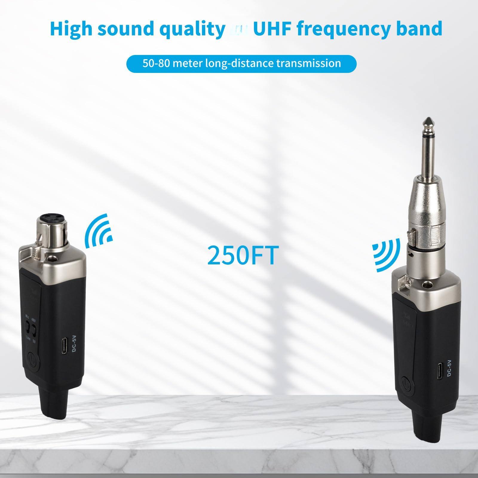 High sound quality  
UHF frequency band  
50-80 meter long-distance transmission  
250FT