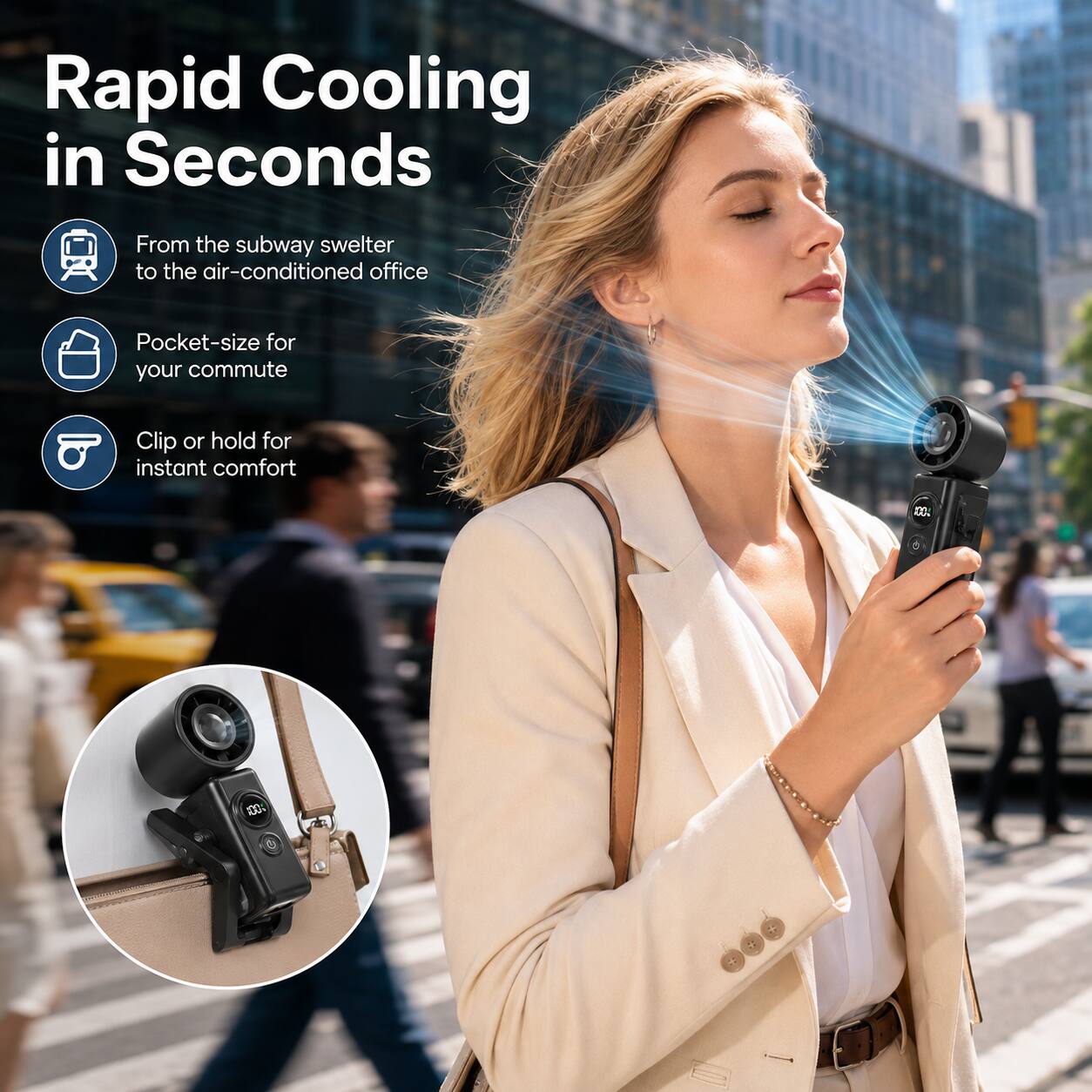 Rapid Cooling in Seconds

From the subway swelter to the air-conditioned office

Pocket-size for your commute

Clip or hold for instant comfort