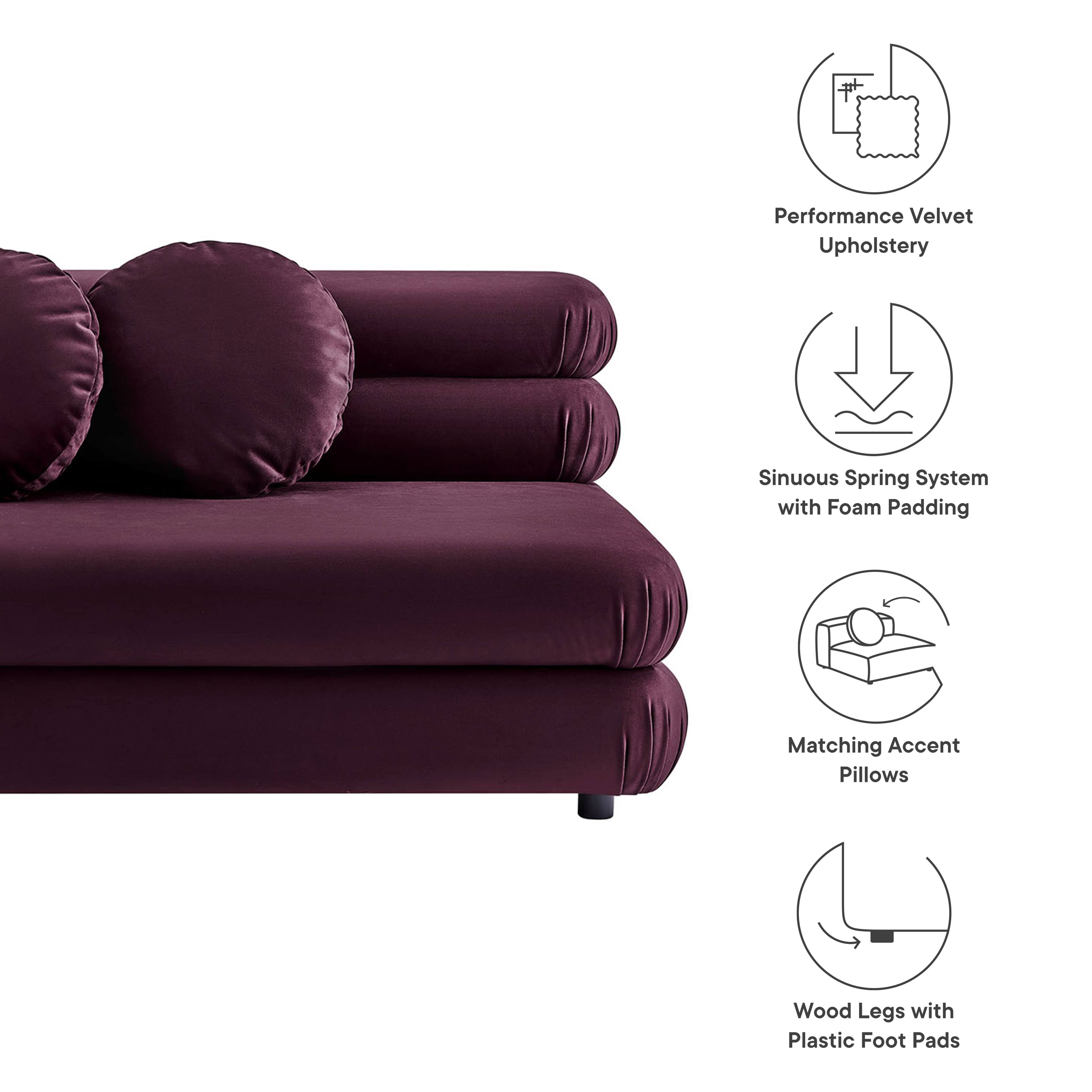 Performance Velvet Upholstery  
Sinuous Spring System with Foam Padding  
Matching Accent Pillows  
Wood Legs with Plastic Foot Pads