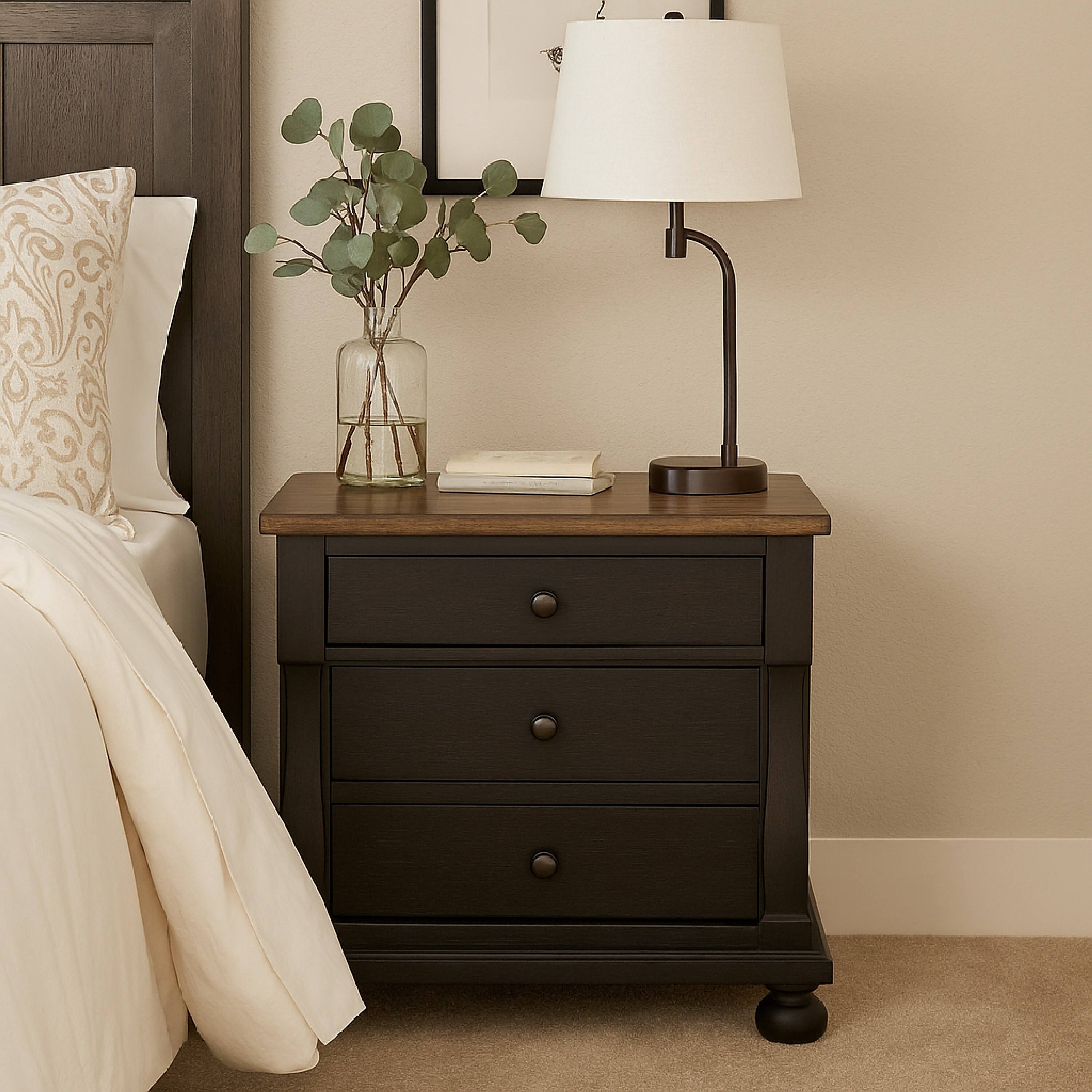 Alt View 2. Manhattan Lane - Ginie Nightstand with 2 USB Ports, 3 Drawers, Rustic Oak - Black, Oak Brown, Pewter.