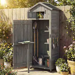 Mondawe - 70 inch Tall Garden Tool Storage Cabinet with Lockable Doors and Foldable Table - Gray