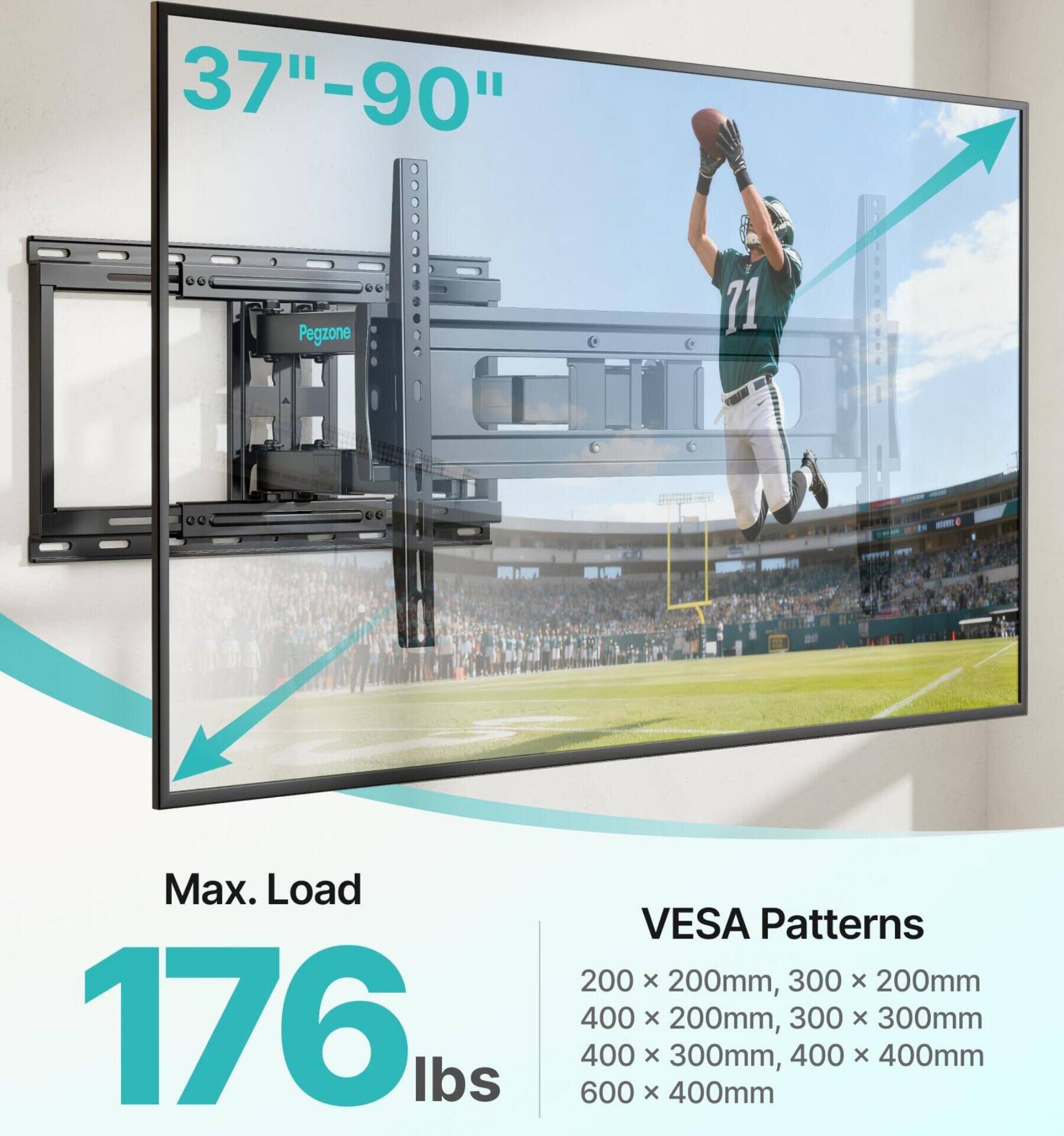 37"-90"  
Pegzone  
71"  
Max. Load 176 lbs  
VESA Patterns 200 X 200mm, 300 X 200mm, 400 X 200mm, 300 X 300mm, 400 X 300mm, 400 X 400mm, 600 X 400mm