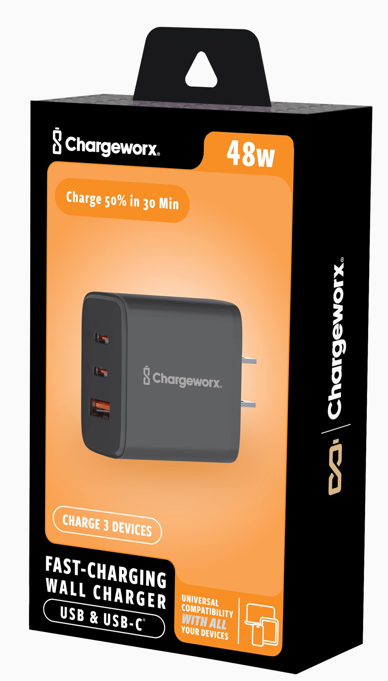 Chargeworx

48W

Charge 50% in 30 Min

CHARGE 3 DEVICES

FAST-CHARGING WALL CHARGER

USB & USB-C

UNIVERSAL COMPATIBILITY WITH ALL YOUR DEVICES